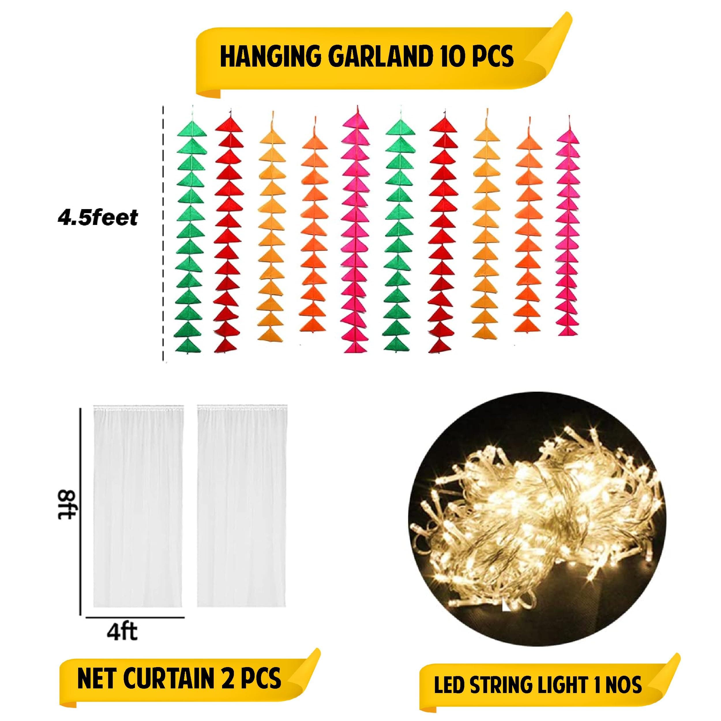 Balloonistics 13 Pcs White Net Backdrop Kit with Triangle Bunting – Elegant Backdrop Cloth for Holi, Wedding & Pooja Decoration – Complete Home Decor Set thumbnail 3