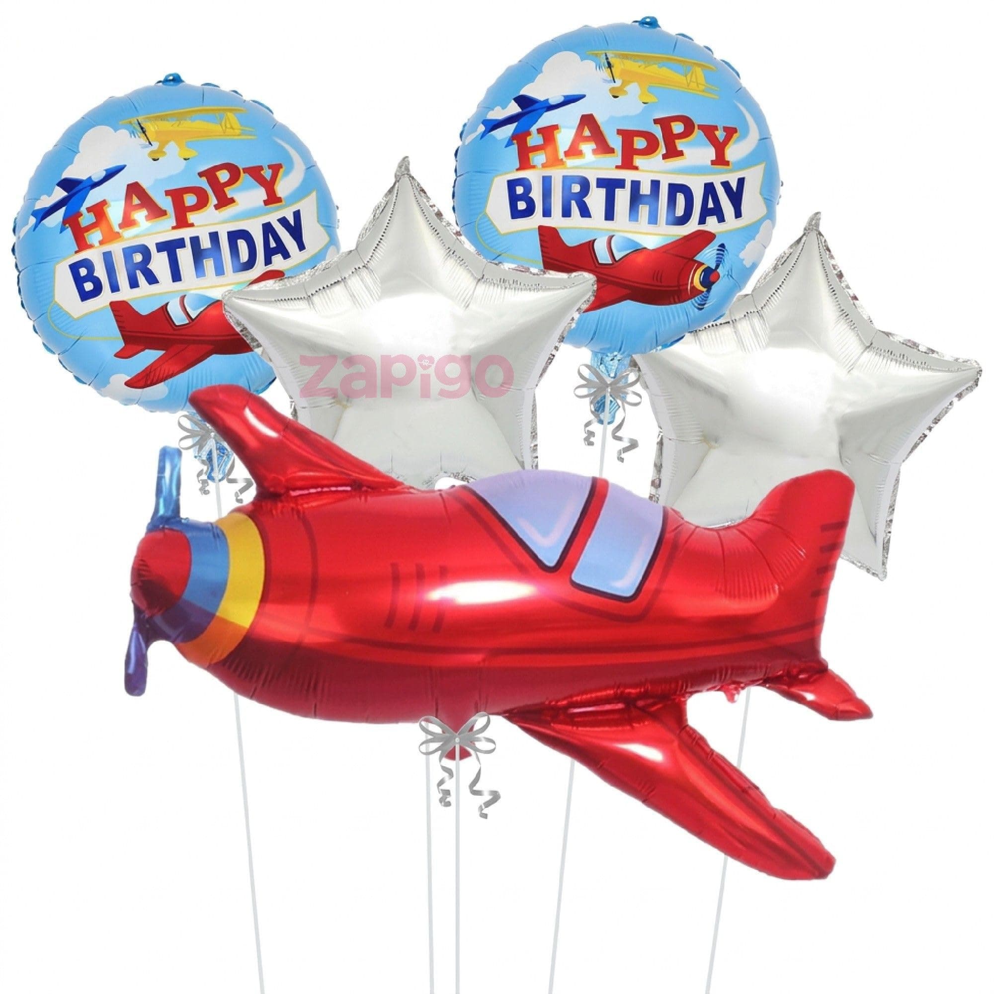 Balloonistics Aeroplane Theme Happy Birthday Balloon Bouquet Pack Of 5 thumbnail 1