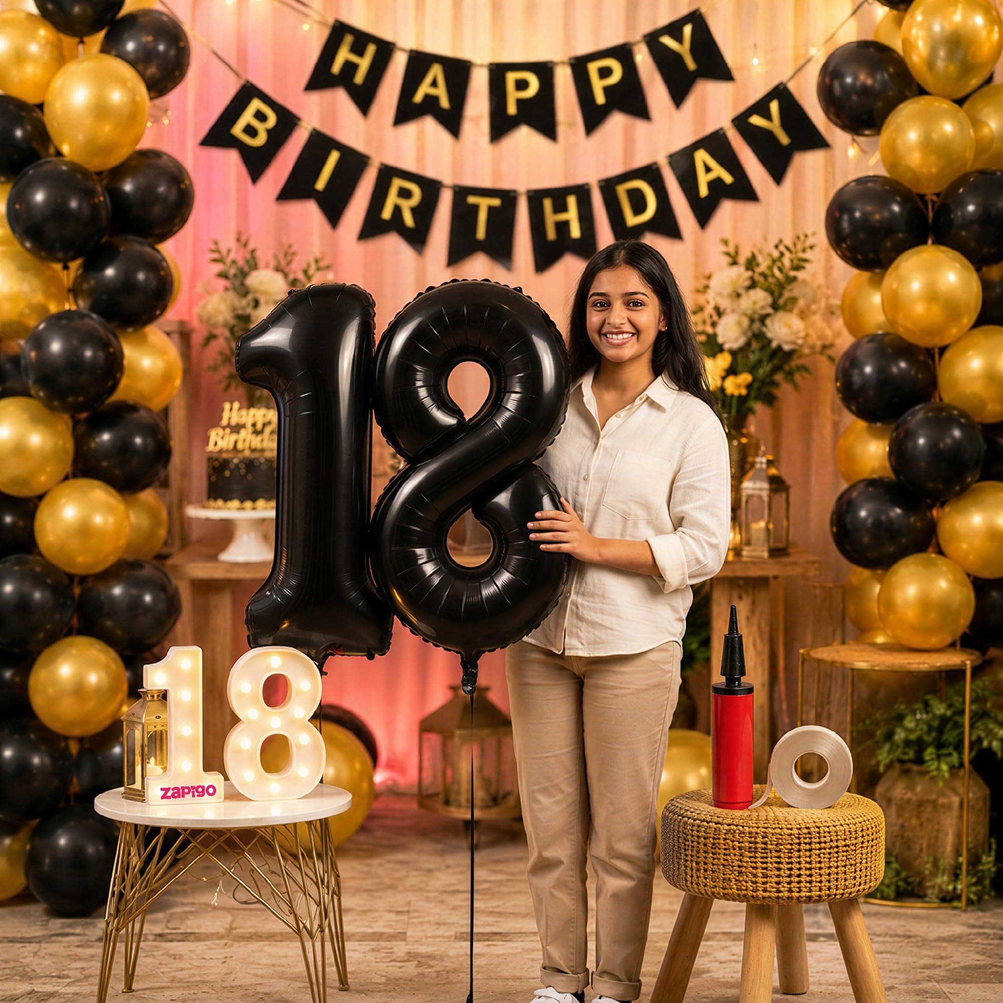 Balloonistics 18th Birthday Decoration Combo Kit - 40 Inch Black Foil Number Balloon, LED Marquee Light, 50 Black & Gold Balloons, Happy Birthday Banner, Balloon Pump & Glue Dots thumbnail 1