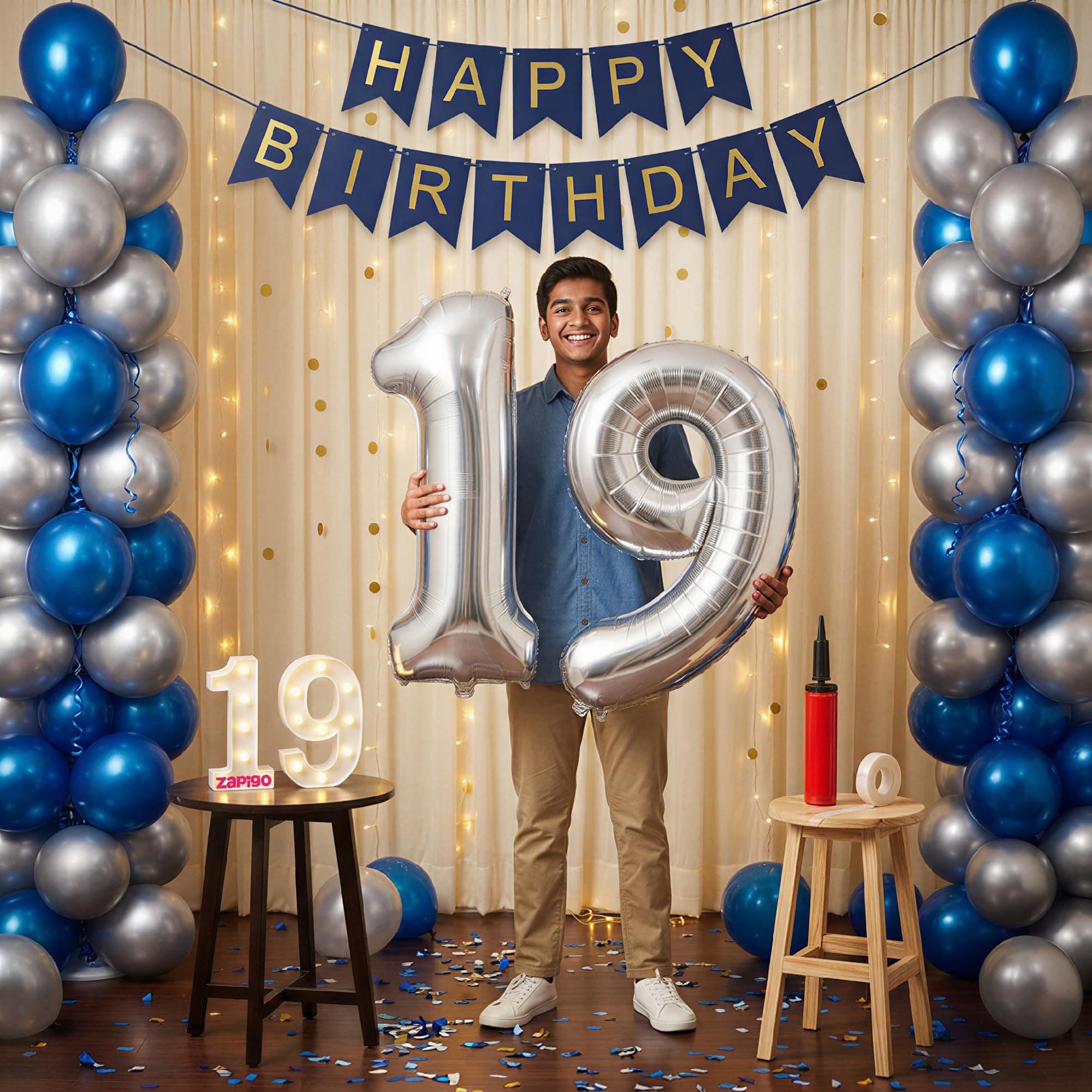 Balloonistics 19th Birthday Decoration Combo Kit - 40 Inch Silver Foil Number Balloon, LED Marquee Light, 50 Silver & Blue Balloons, Happy Birthday Banner, Balloon Pump & Glue Dots thumbnail 1