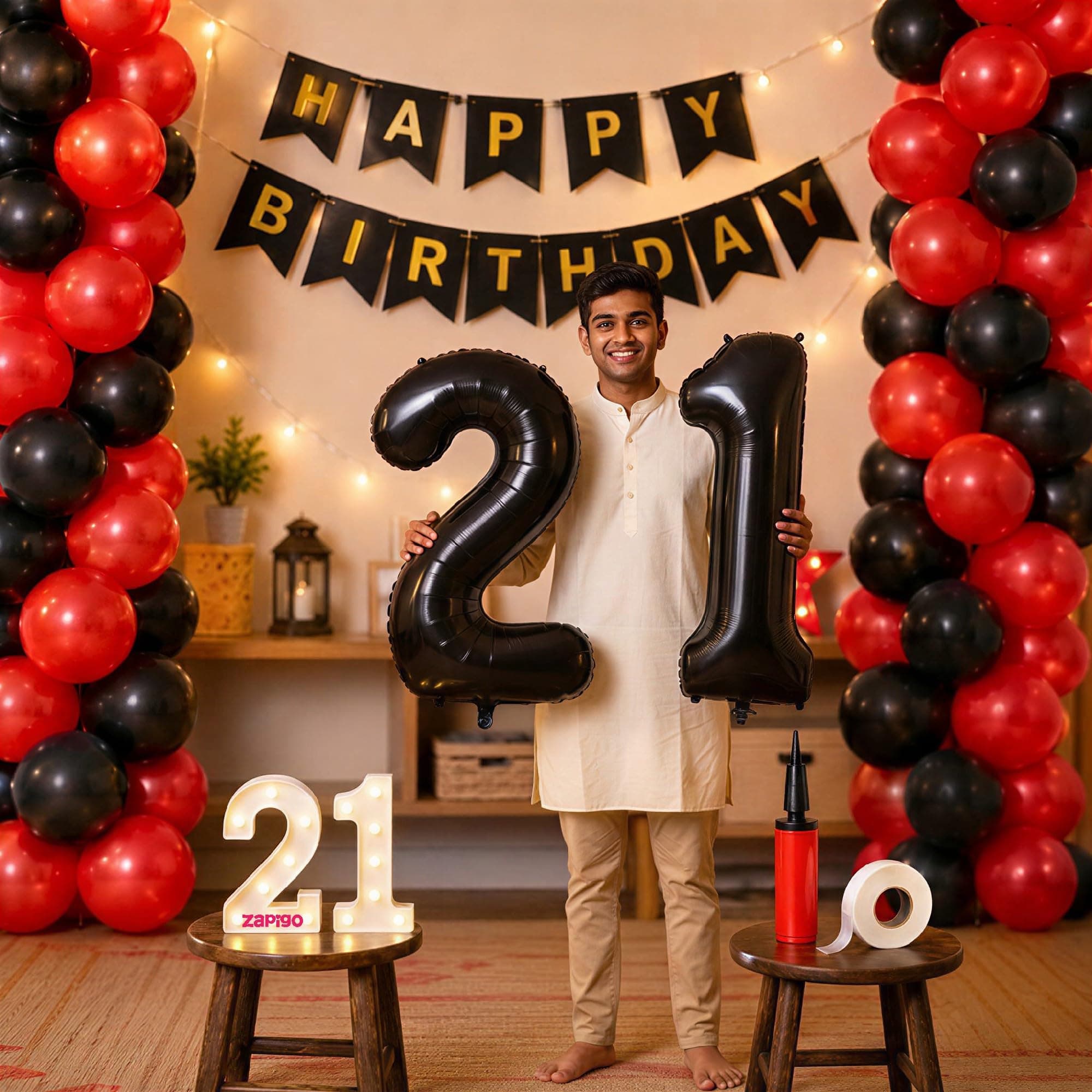 Balloonistics 21st Birthday Decoration Combo Kit - 40 Inch Black Foil Number Balloon, LED Marquee Light, 50 Black & Red Balloons, Happy Birthday Banner, Balloon Pump & Glue Dots thumbnail 1