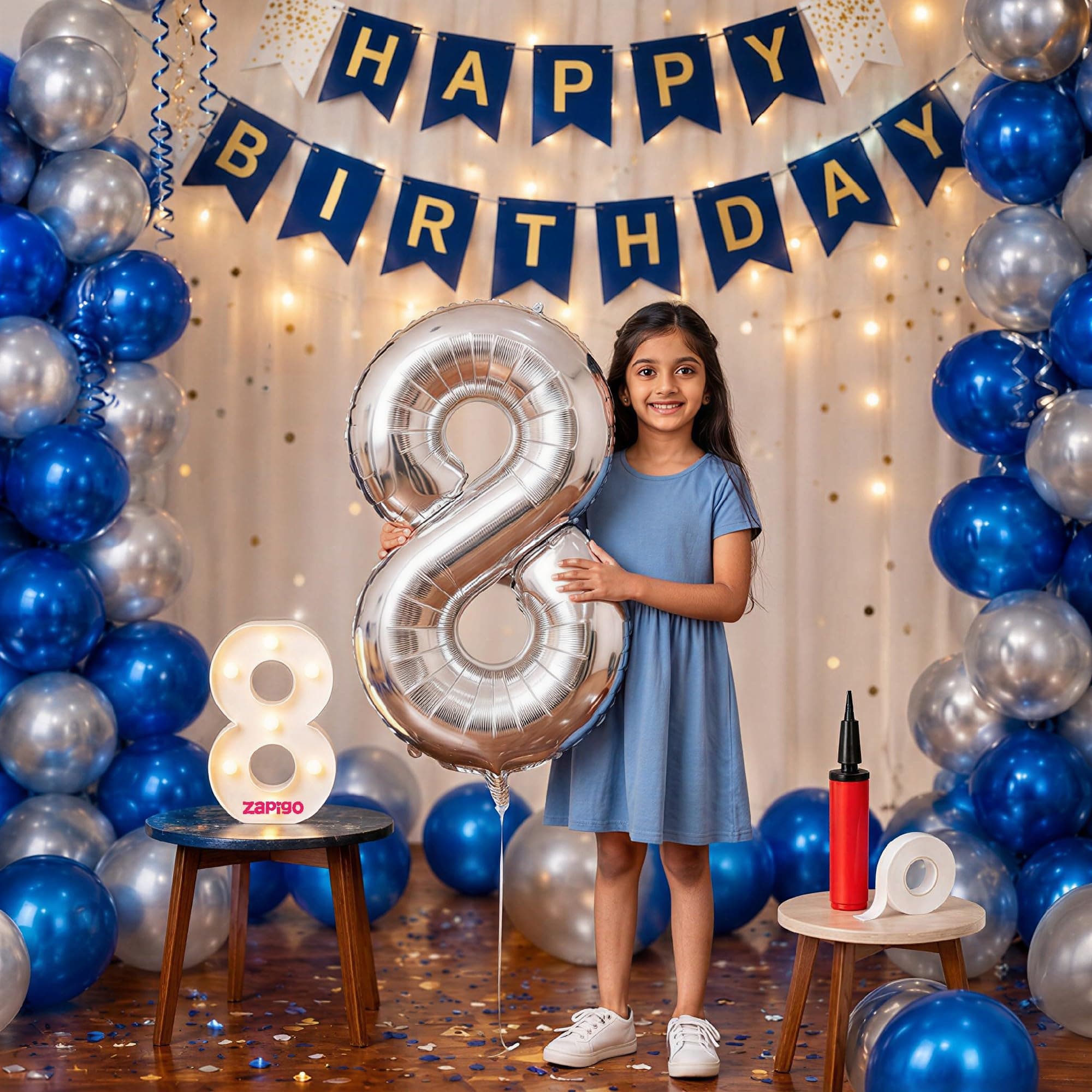 Balloonistics 8th Birthday Decoration Combo Kit - 40 Inch Silver Foil Number Balloon, LED Marquee Light, 50 Silver & Blue Balloons, Happy Birthday Banner, Balloon Pump & Glue Dots thumbnail 1