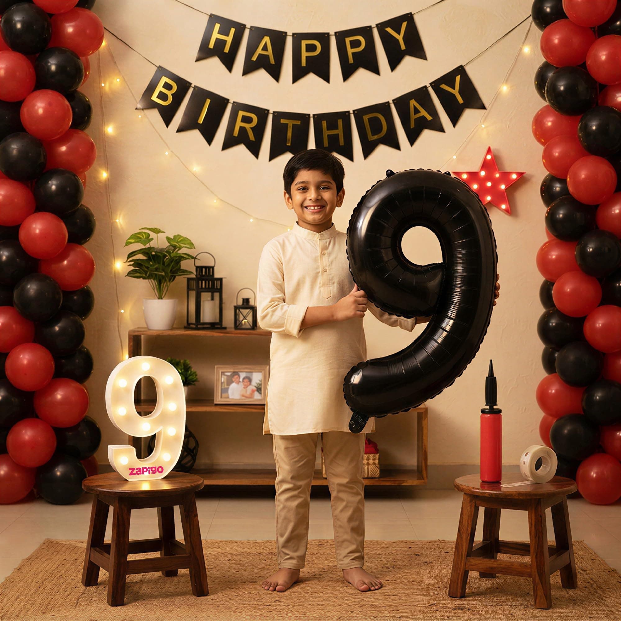 Balloonistics 9th Birthday Decoration Combo Kit - 40 Inch Black Foil Number Balloon, LED Marquee Light, 50 Black & Red Balloons, Happy Birthday Banner, Balloon Pump & Glue Dots thumbnail 1