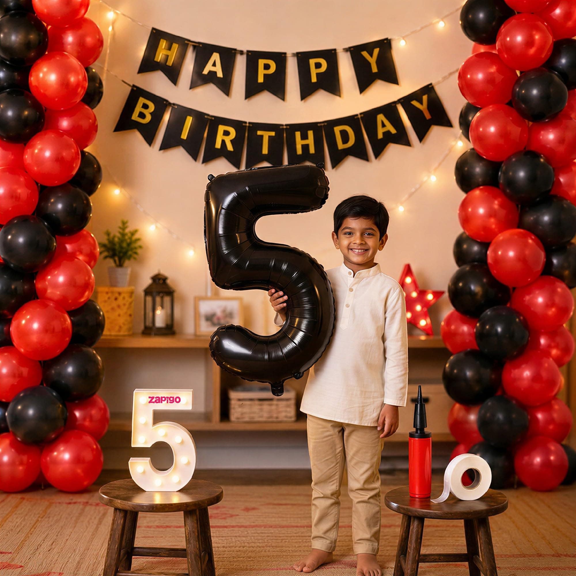 Balloonistics 5th Birthday Decoration Combo Kit - 40 Inch Black Foil Number Balloon, LED Marquee Light, 50 Black & Red Balloons, Happy Birthday Banner, Balloon Pump & Glue Dots thumbnail 1