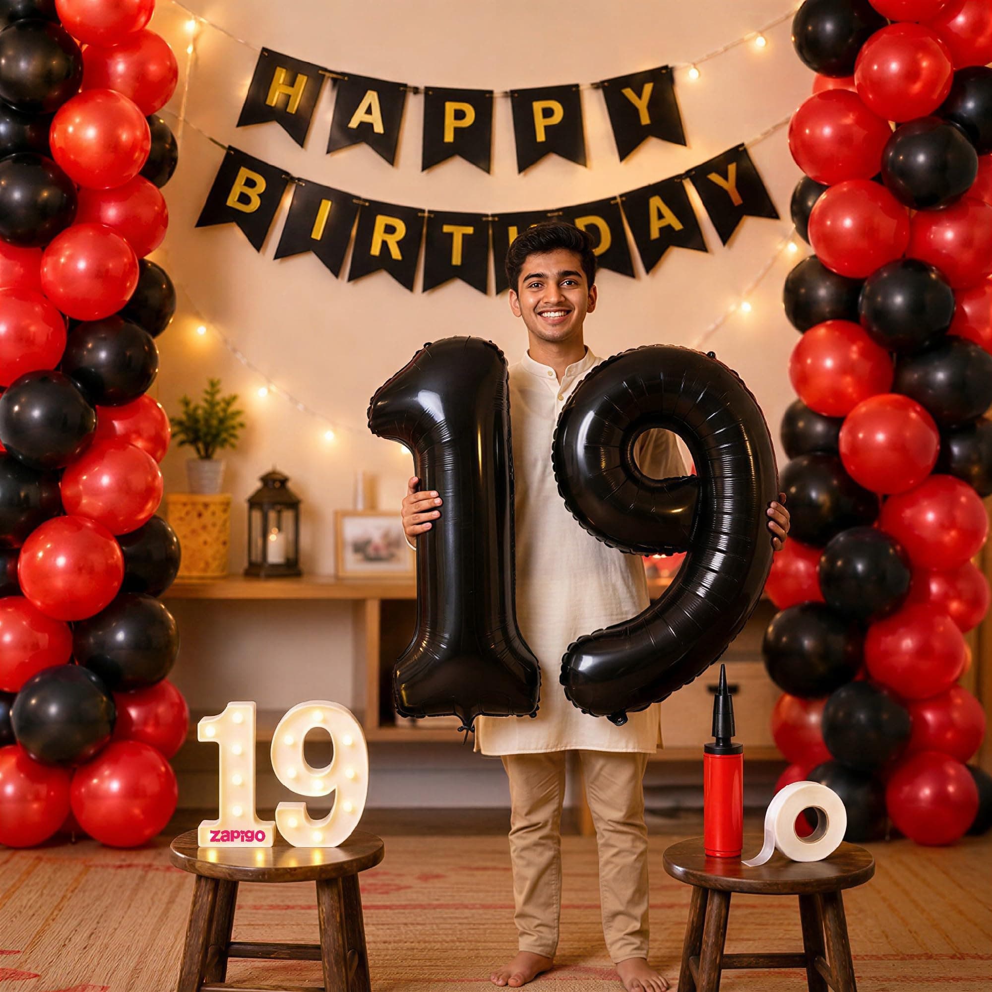 Balloonistics 19th Birthday Decoration Combo Kit - 40 Inch Black Foil Number Balloon, LED Marquee Light, 50 Black & Red Balloons, Happy Birthday Banner, Balloon Pump & Glue Dots thumbnail 1