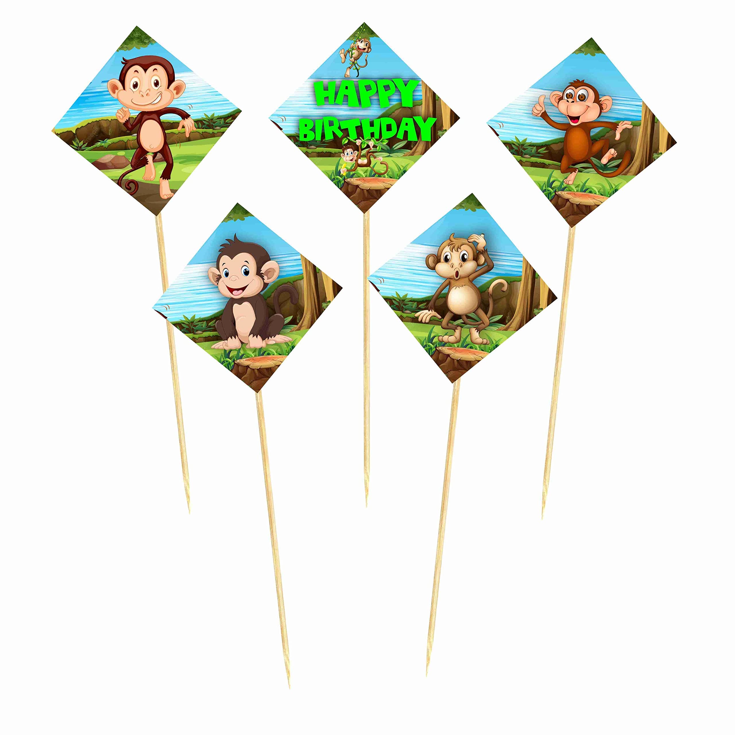 Balloonistics Monkey Theme Happy Birthday Cake Topper - Pack of 10 Jungle Safari Cupcake & Cake Decorations - Premium Cardstock Monkey Figures on Bamboo Sticks, Wild One Zoo Party Supplies for Kids (Cake Topper - Pack of 10) thumbnail 2