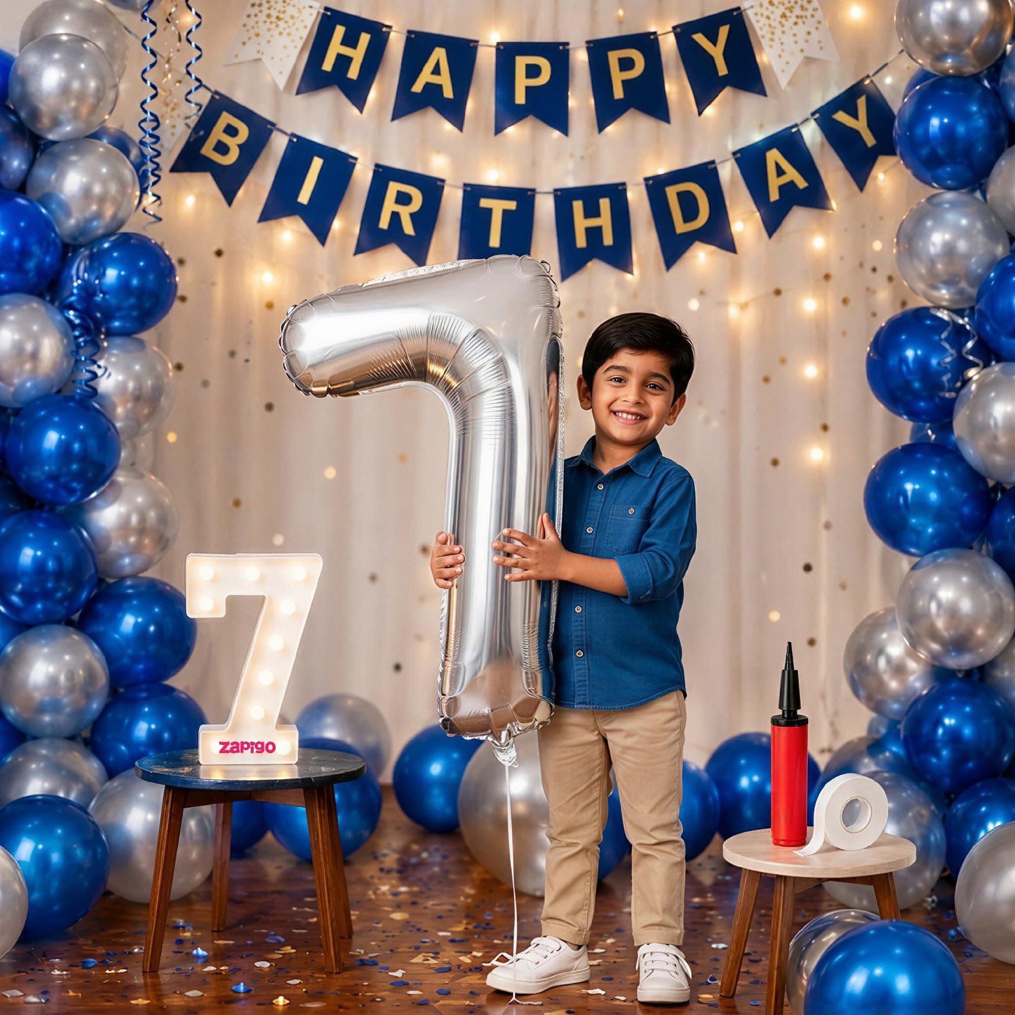 Balloonistics 7th Birthday Decoration Combo Kit - 40 Inch Silver Foil Number Balloon, LED Marquee Light, 50 Silver & Blue Balloons, Happy Birthday Banner, Balloon Pump & Glue Dots thumbnail 1