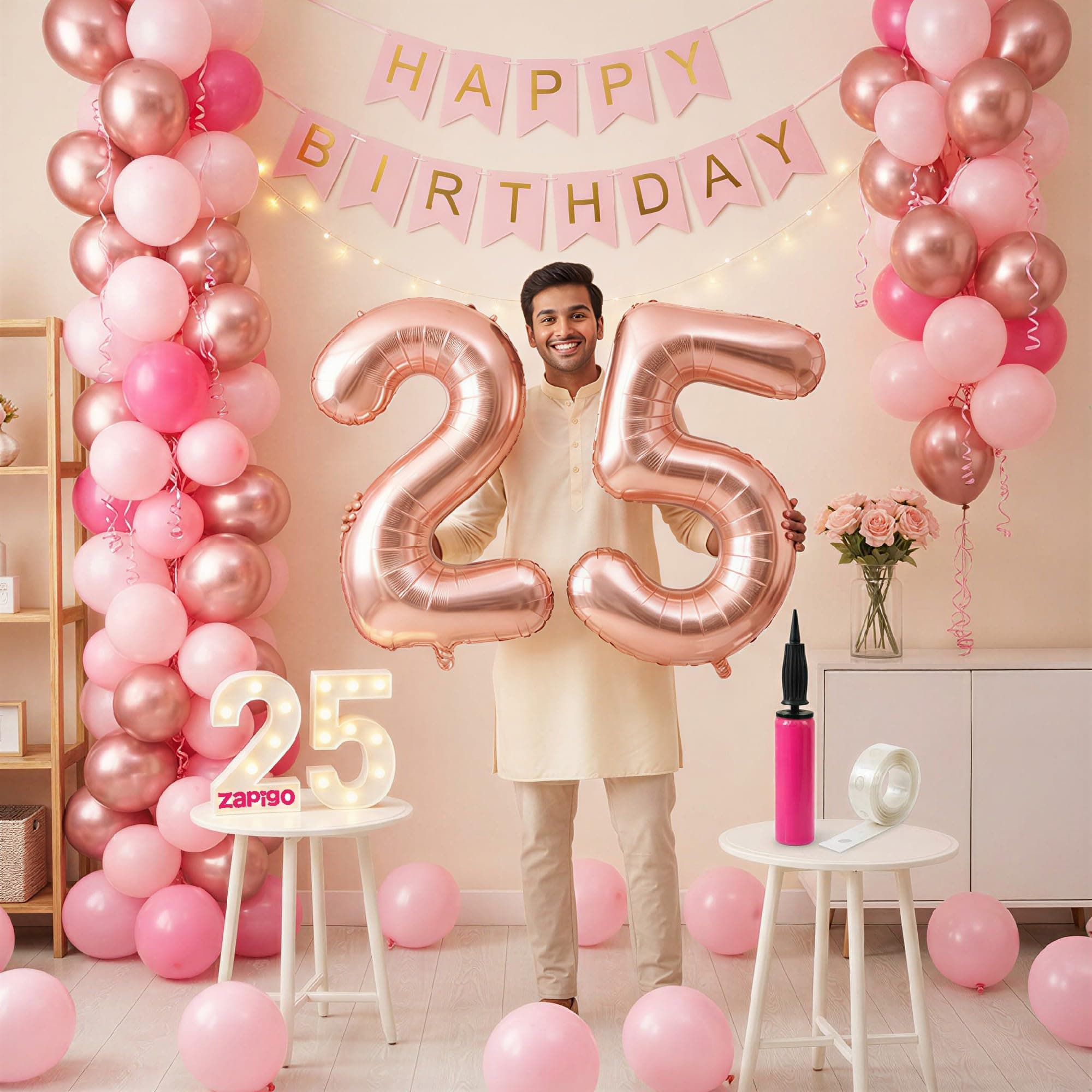 Balloonistics 25th Birthday Decoration Combo Kit - 40 Inch Rose Gold Foil Number Balloon, LED Marquee Light, 50 Rose Gold & Pink Balloons, Happy Birthday Banner, Balloon Pump & Glue Dots thumbnail 1