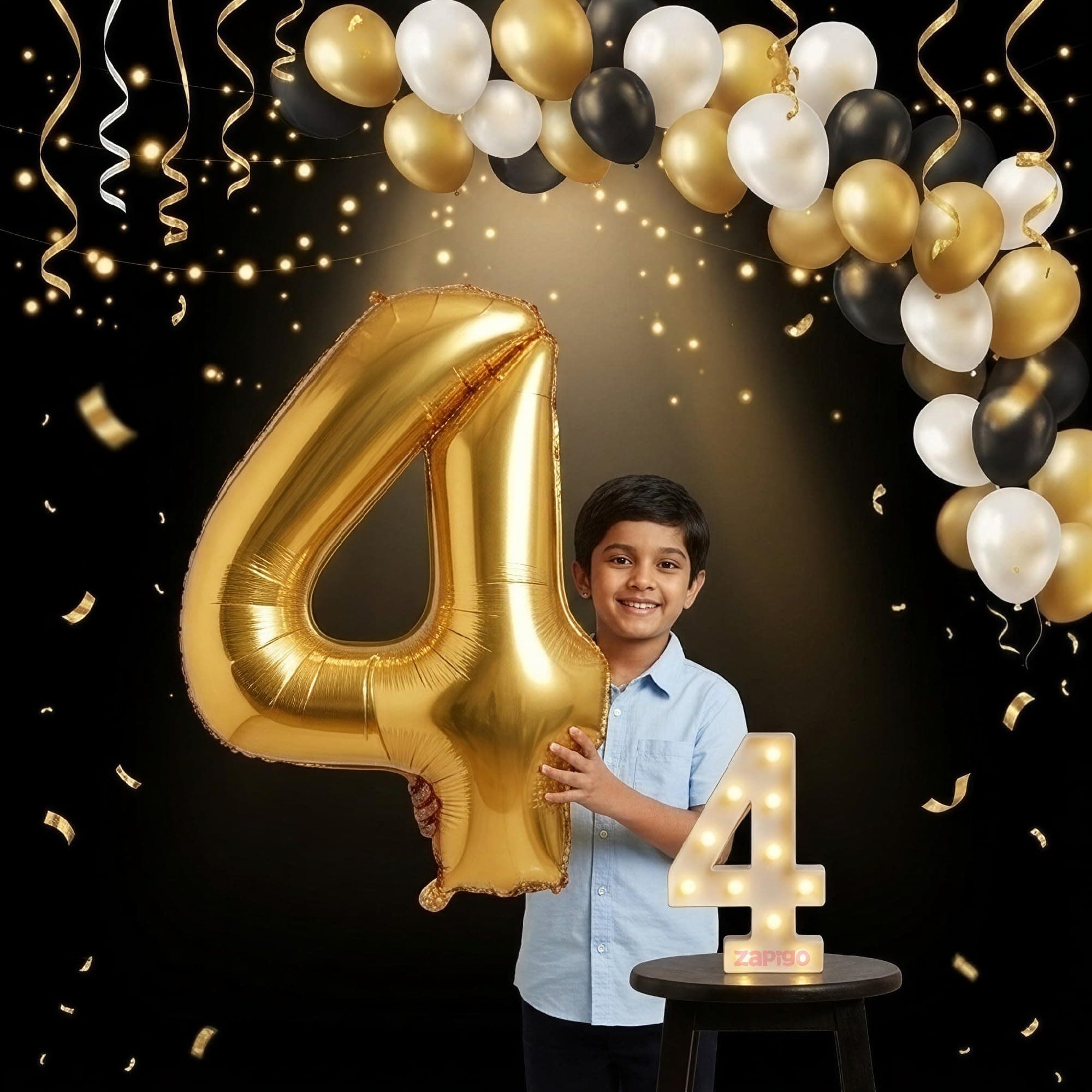 Balloonistics Gold 40-Inch Foil Number 4 Balloon with Matching LED Marquee Light - Combo Set for 4th Birthday, Anniversary, Party Decoration, Photo Booth Backdrop, Cake Table Decor thumbnail 1