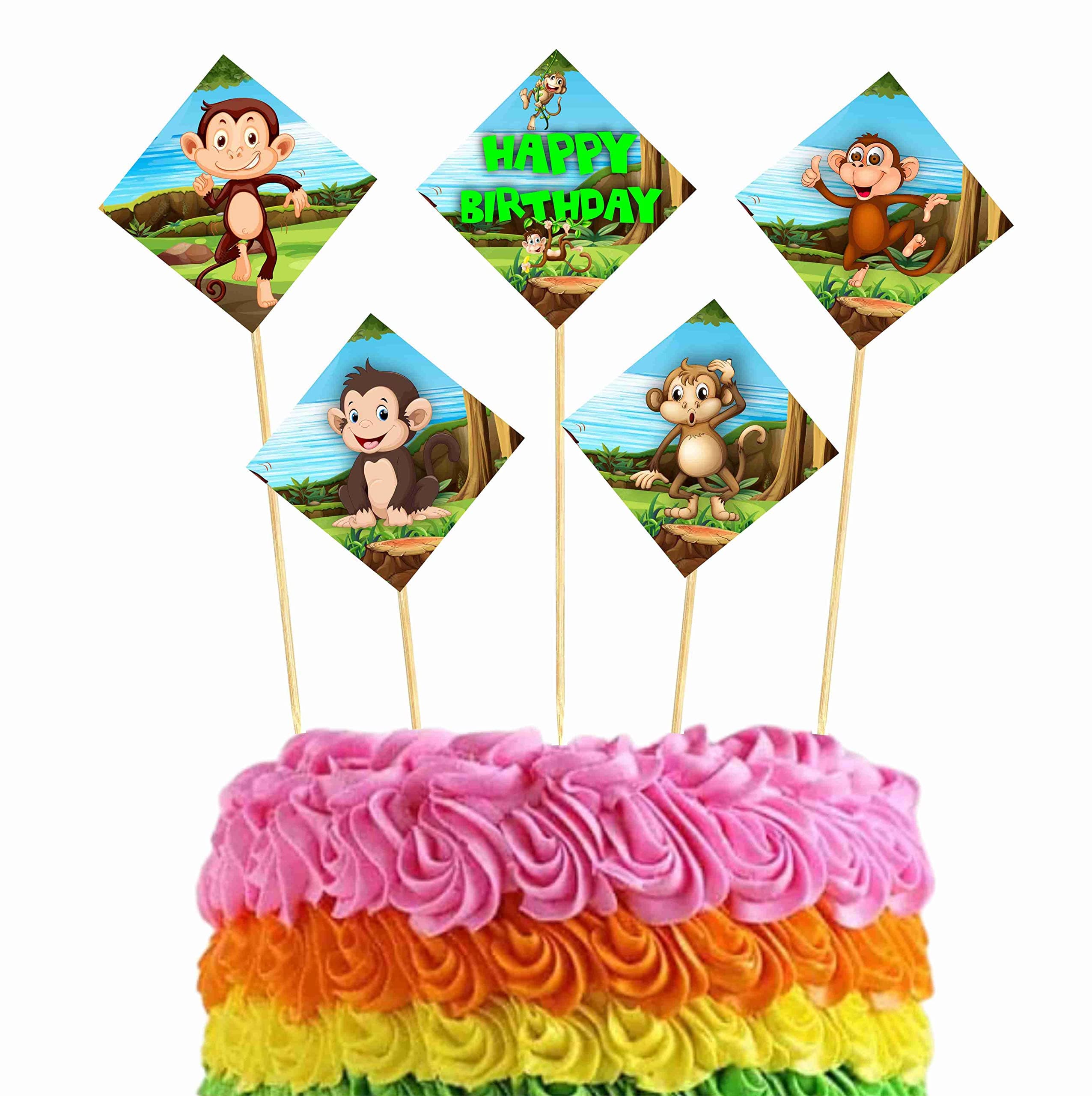 Balloonistics Monkey Theme Happy Birthday Cake Topper - Pack of 10 Jungle Safari Cupcake & Cake Decorations - Premium Cardstock Monkey Figures on Bamboo Sticks, Wild One Zoo Party Supplies for Kids (Cake Topper - Pack of 10) thumbnail 1