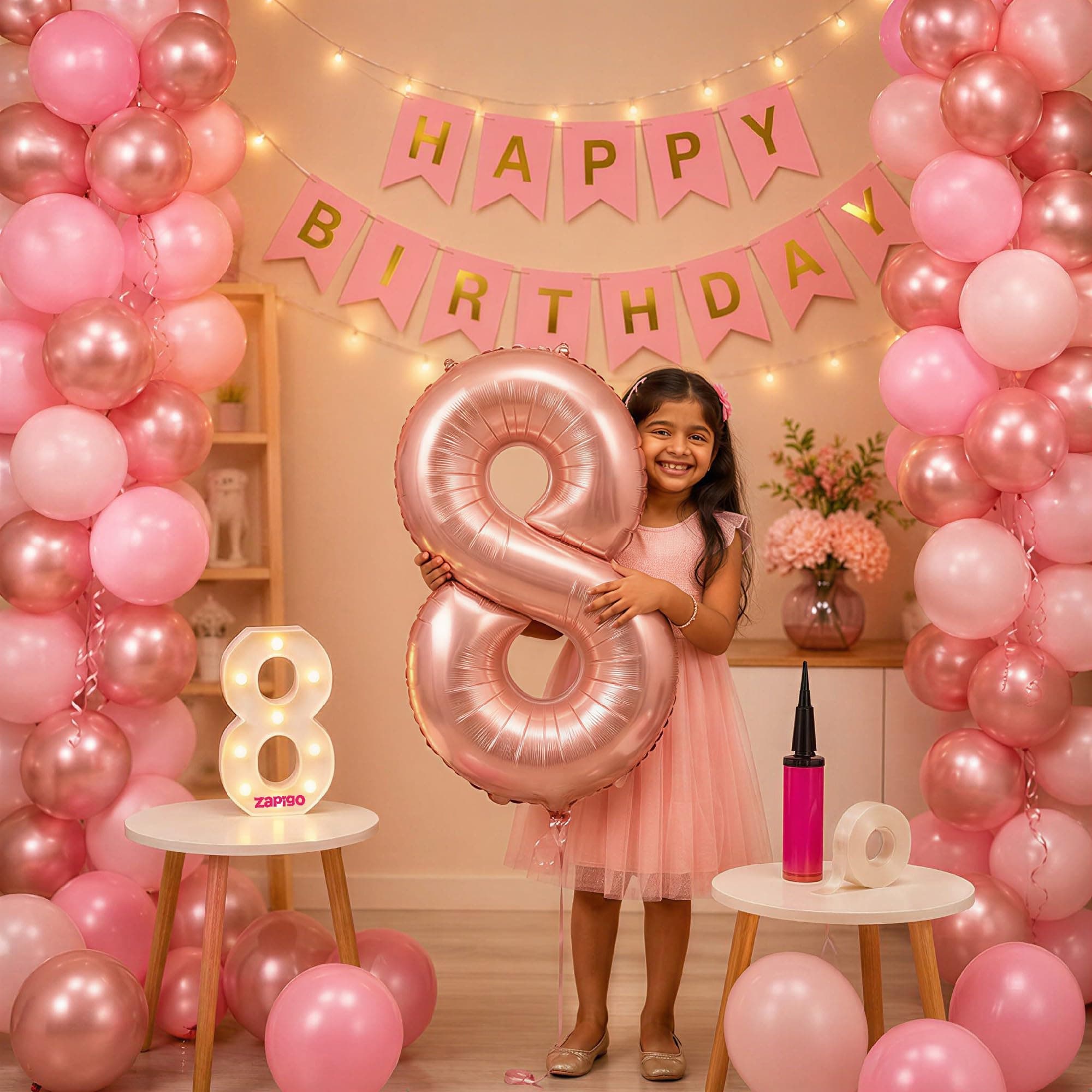 Balloonistics 8th Birthday Decoration Combo Kit - 40 Inch Rose Gold Foil Number Balloon, LED Marquee Light, 50 Rose Gold & Pink Balloons, Happy Birthday Banner, Balloon Pump & Glue Dots thumbnail 1