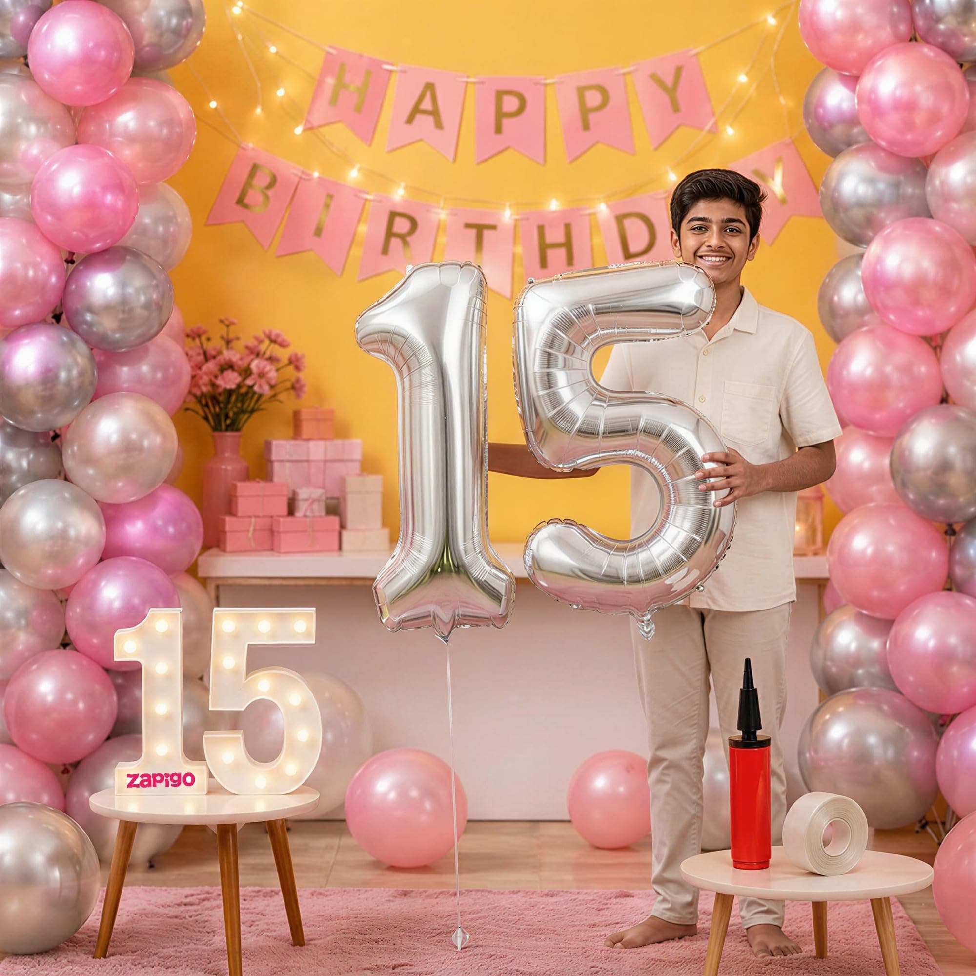 Balloonistics 15th Birthday Decoration Combo Kit - 40 Inch Silver Foil Number Balloon, LED Marquee Light, 50 Silver & Pink Balloons, Happy Birthday Banner, Balloon Pump & Glue Dots thumbnail 1