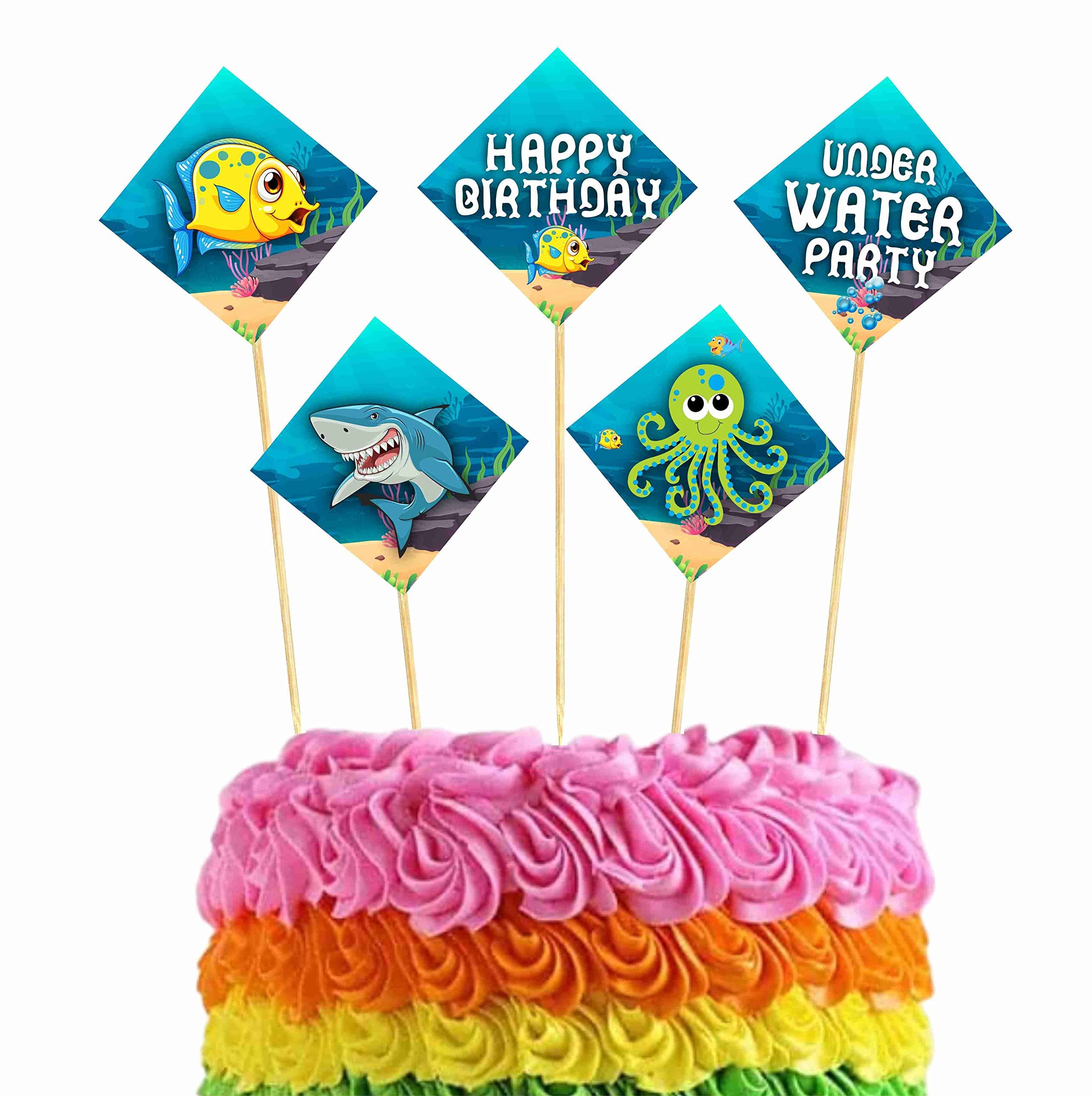 Balloonistics Ocean Underwater Theme Birthday Cake Toppers Cardstock Picks with Bamboo Sticks Ocean Life Theme Party Decorations for Kids Birthday (Cake Topper - Pack of 10) thumbnail 1