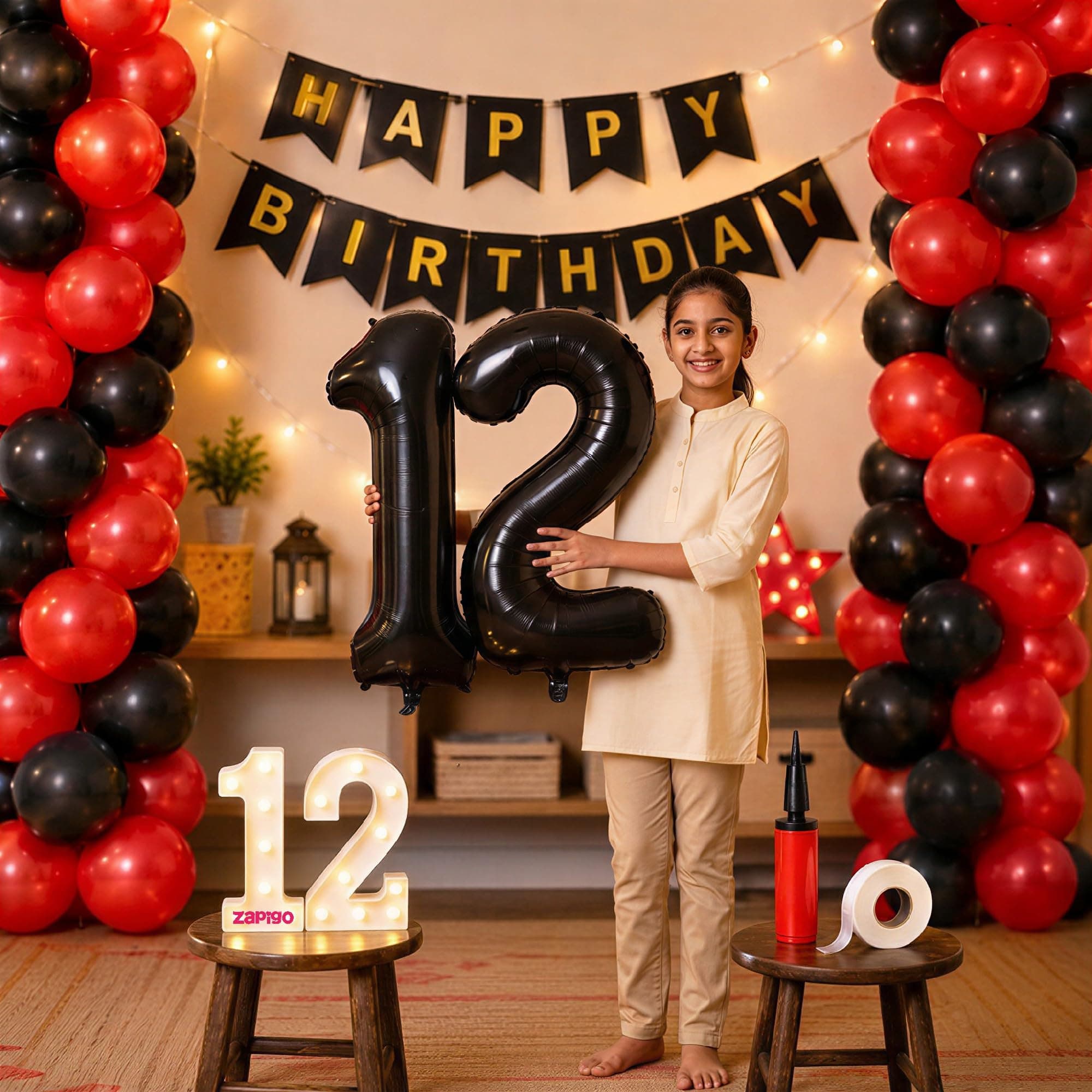 Balloonistics 12th Birthday Decoration Combo Kit - 40 Inch Black Foil Number Balloon, LED Marquee Light, 50 Black & Red Balloons, Happy Birthday Banner, Balloon Pump & Glue Dots thumbnail 1