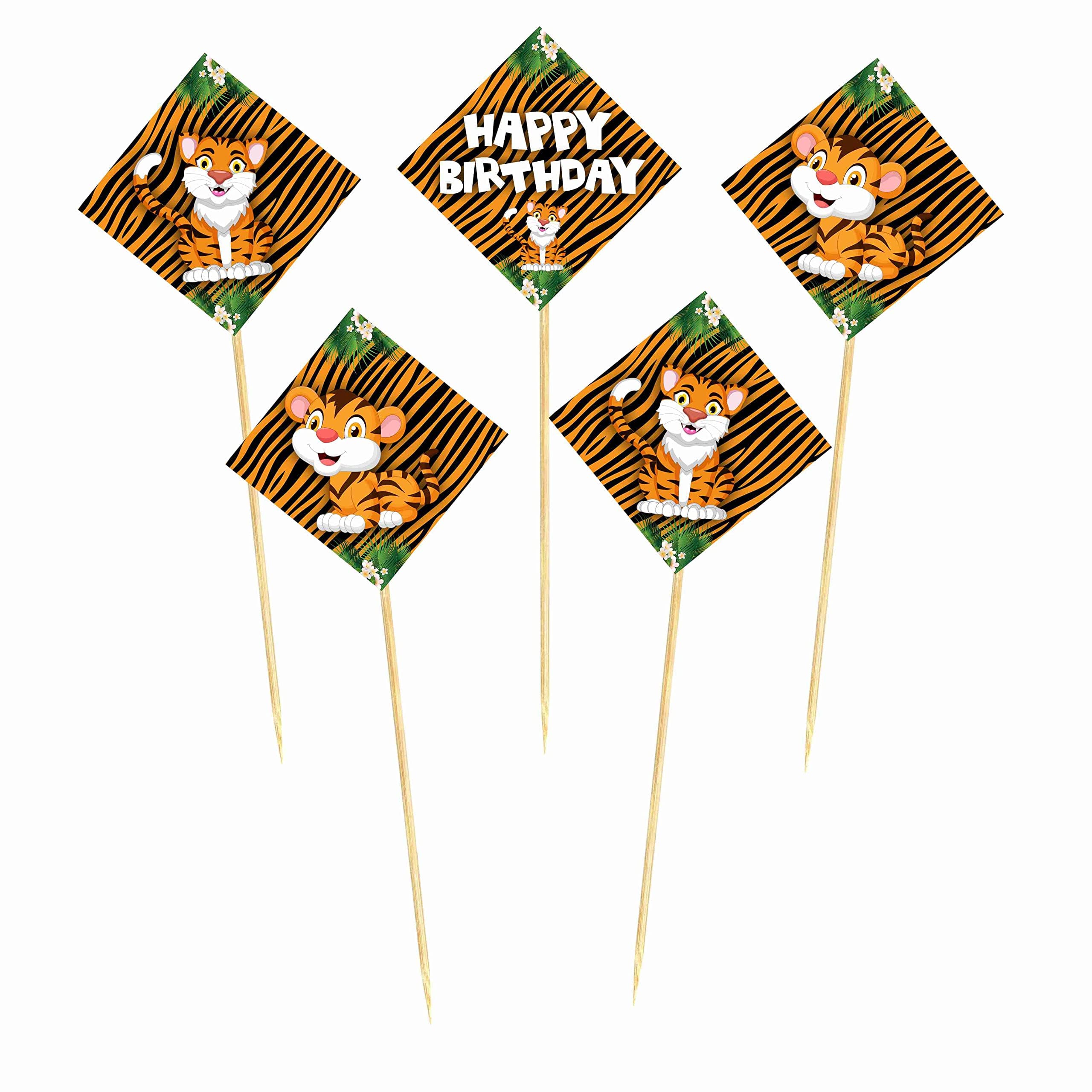 Balloonistics Tiger Theme Happy Birthday Cake Toppers - Pack of 10 Double-Sided Cardstock Treat Picks - Jungle Safari & Wild One Party Decorations - Includes Food-Safe Bamboo Sticks - Orange & Black Tiger Decor (Cake Topper - Pack of 10) thumbnail 2