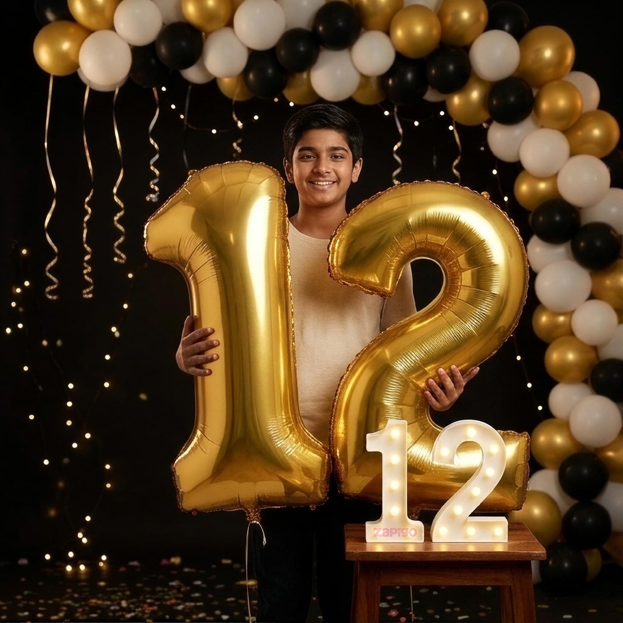 Balloonistics Gold 40-Inch Foil Number 12 Balloon with Matching LED Marquee Light - Combo Set for 12th Birthday, Anniversary, Party Decoration, Photo Booth Backdrop thumbnail 1
