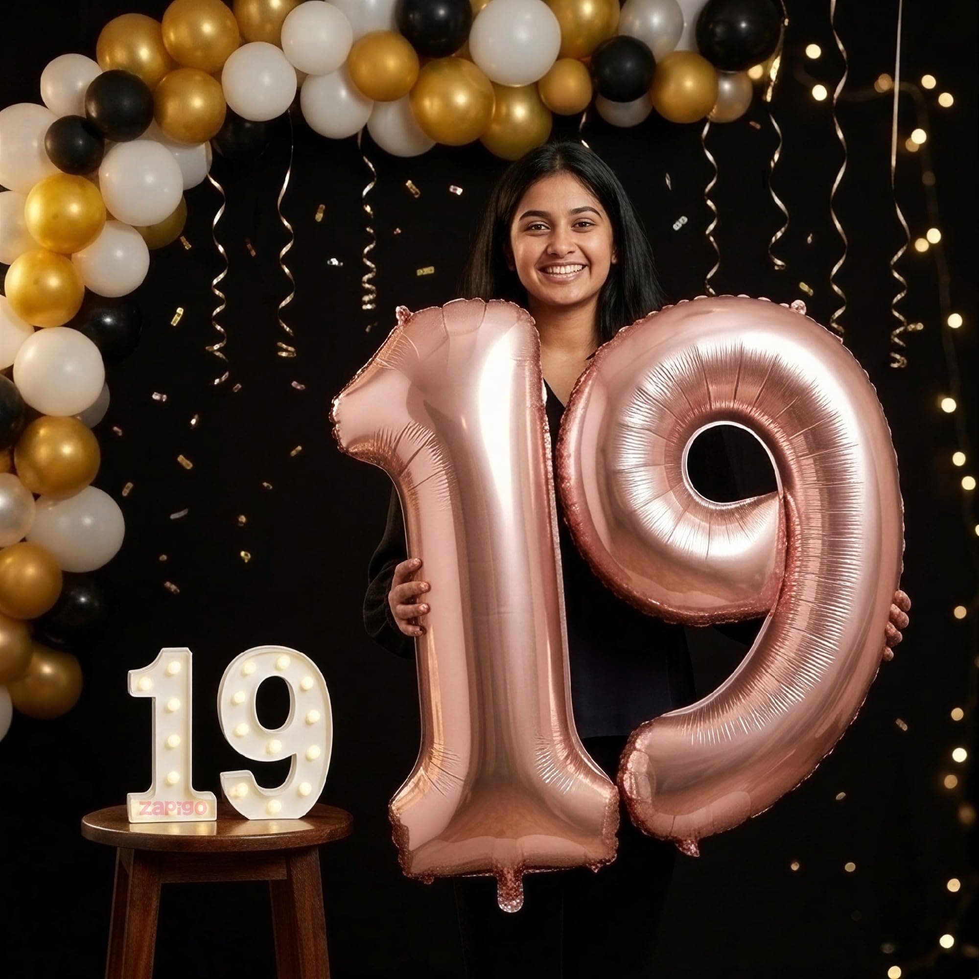Balloonistics Rose Gold 40-Inch Foil Number 19 Balloon with Matching LED Marquee Light - Combo Set for 19th Birthday, Anniversary, Party Decoration, Photo Booth Backdrop thumbnail 1