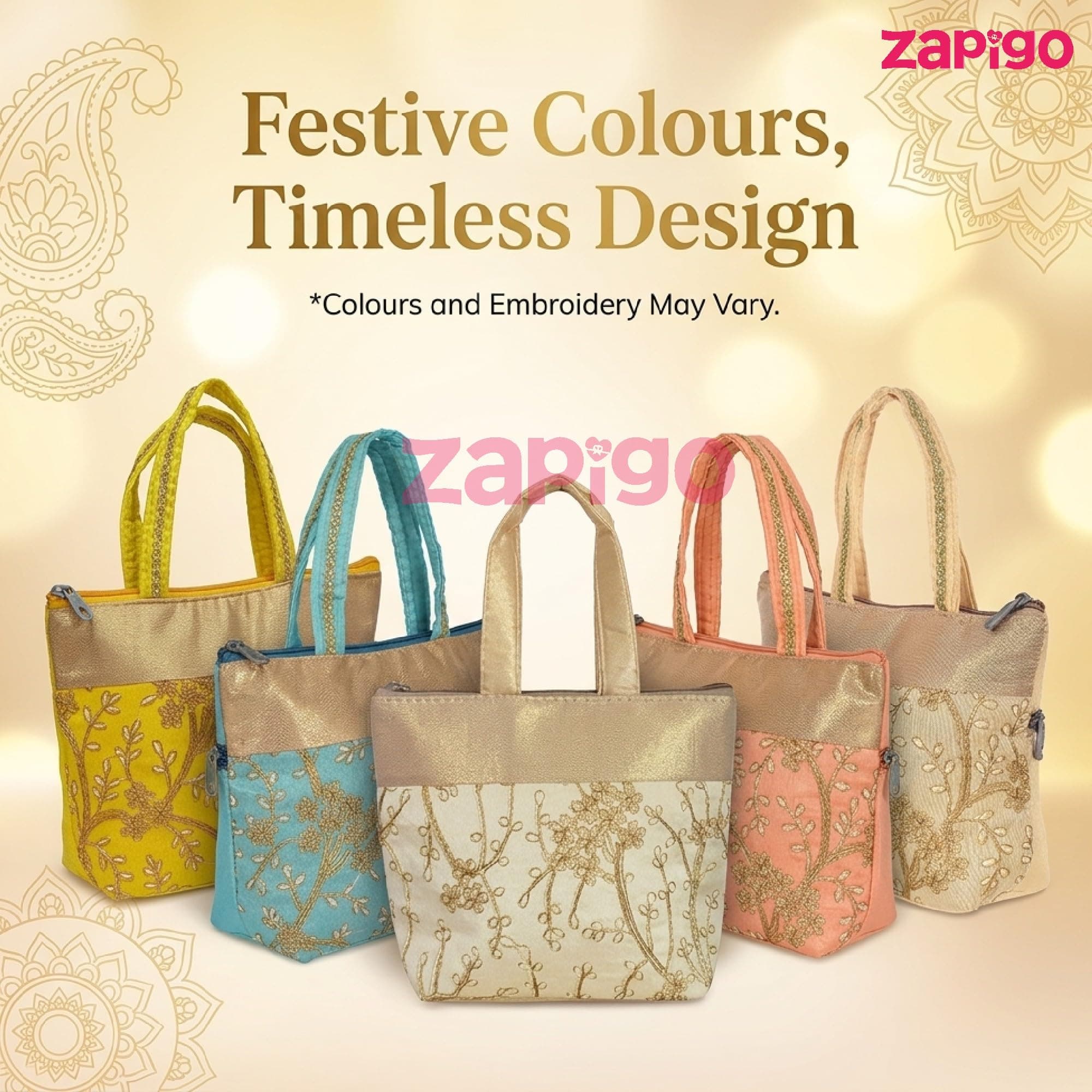 Habba Embroidery Design Hand Bag for Women, Compact Ethnic Festive Gift Bag with Padded Handles and Zip Closure, Ideal for Weddings, Mehendi, Haldi Kumkum, Return Gifts, Pack of 10 thumbnail 7