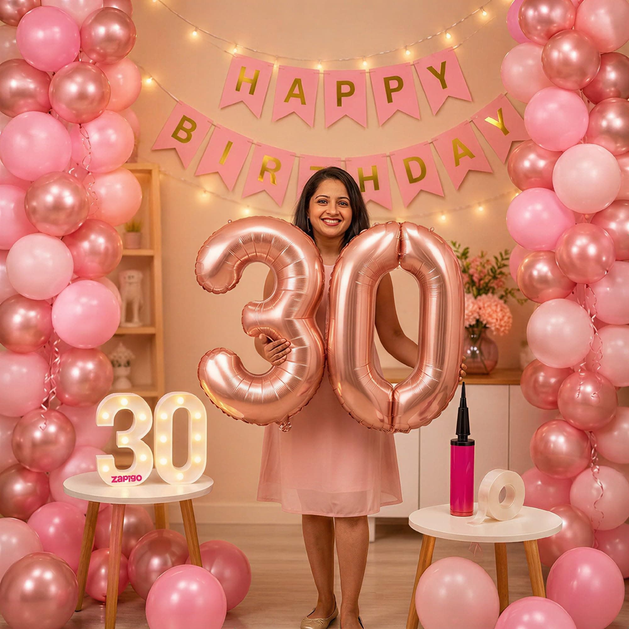 Balloonistics 30th Birthday Decoration Combo Kit - 40 Inch Rose Gold Foil Number Balloon, LED Marquee Light, 50 Rose Gold & Pink Balloons, Happy Birthday Banner, Balloon Pump & Glue Dots thumbnail 1