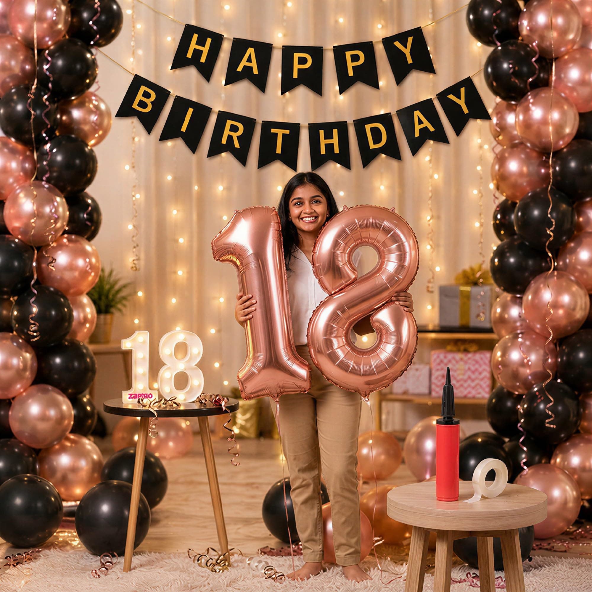Balloonistics 18th Birthday Decoration Combo Kit - 40 Inch Rose Gold Foil Number Balloon, LED Marquee Light, 50 Rose Gold & Black Balloons, Happy Birthday Banner, Balloon Pump & Glue Dots thumbnail 1
