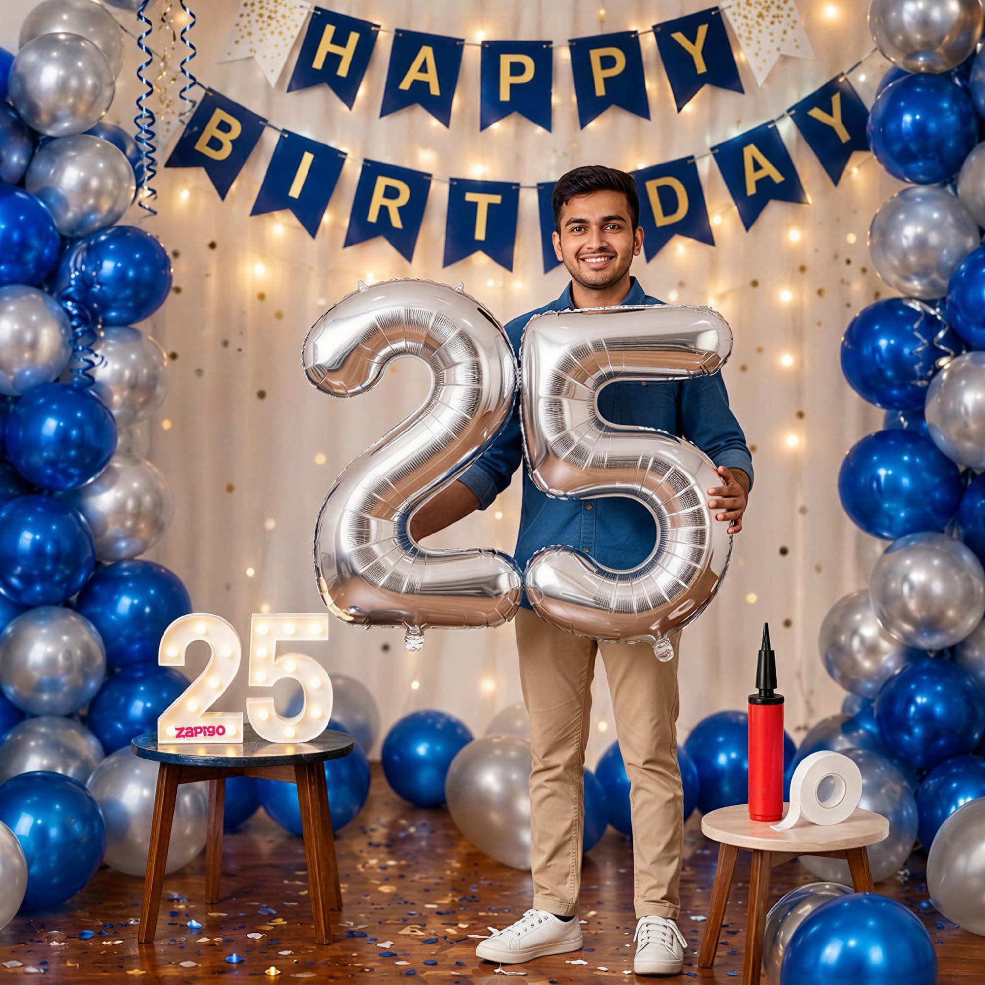 Balloonistics 25th Birthday Decoration Combo Kit - 40 Inch Silver Foil Number Balloon, LED Marquee Light, 50 Silver & Blue Balloons, Happy Birthday Banner, Balloon Pump & Glue Dots thumbnail 1