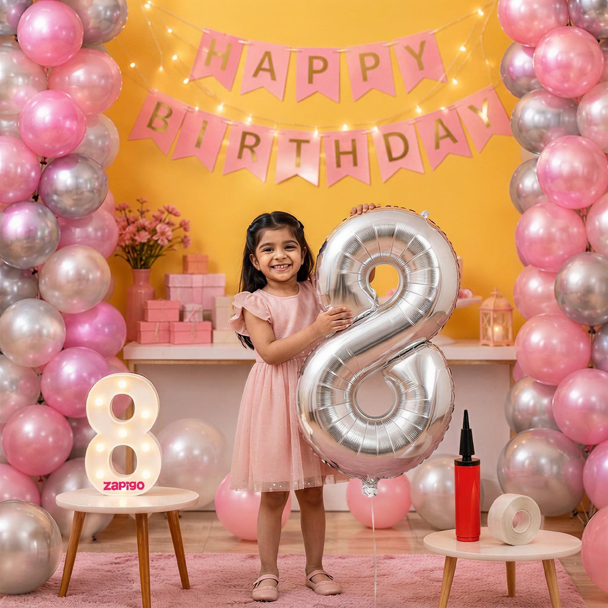 Balloonistics 8th Birthday Decoration Combo Kit - 40 Inch Silver Foil Number Balloon, LED Marquee Light, 50 Silver & Pink Balloons, Happy Birthday Banner, Balloon Pump & Glue Dots thumbnail 1