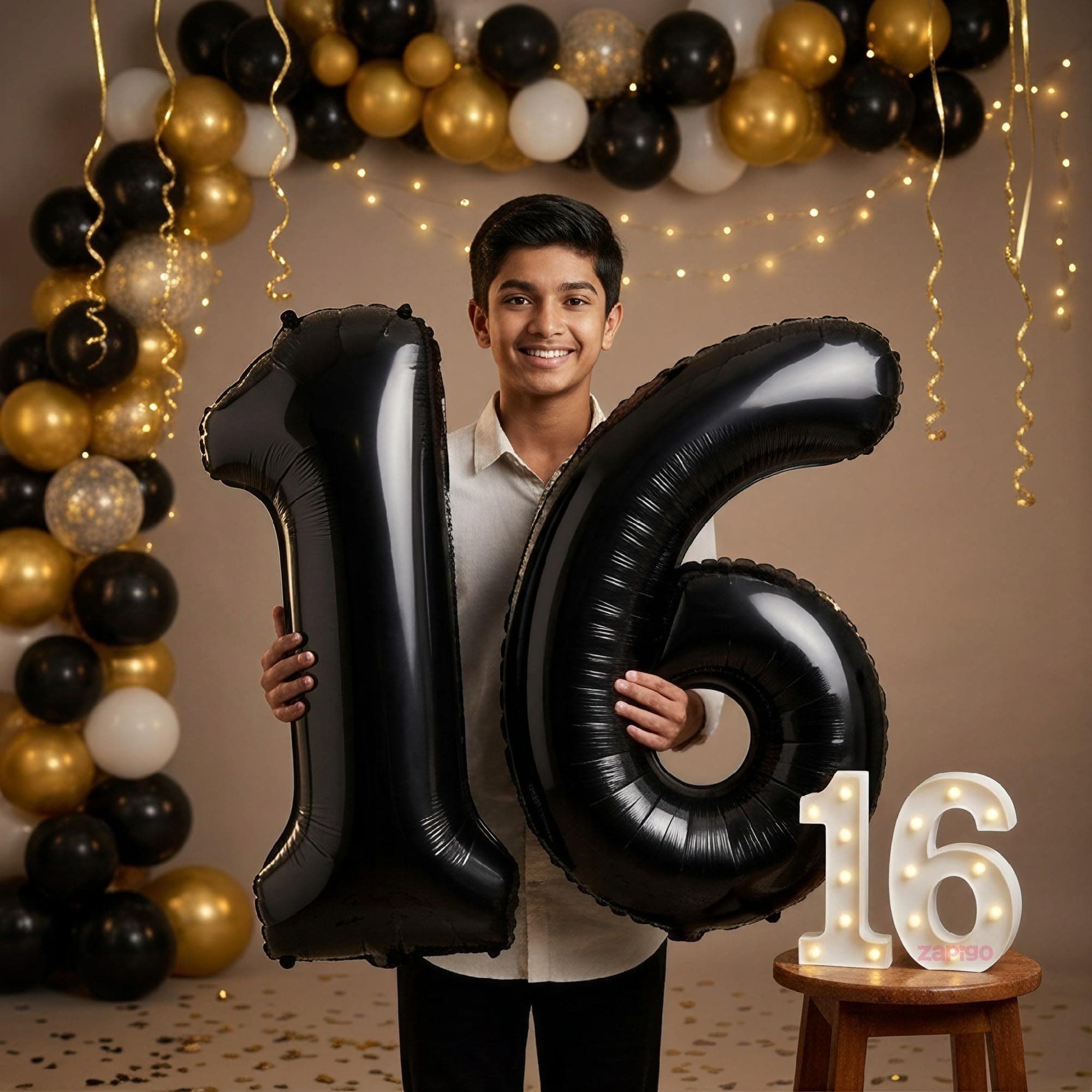 Balloonistics Black 40-Inch Foil Number 16 Balloon with Matching LED Marquee Light - Combo Set for 16th Birthday, Anniversary, Party Decoration, Photo Booth Backdrop thumbnail 1