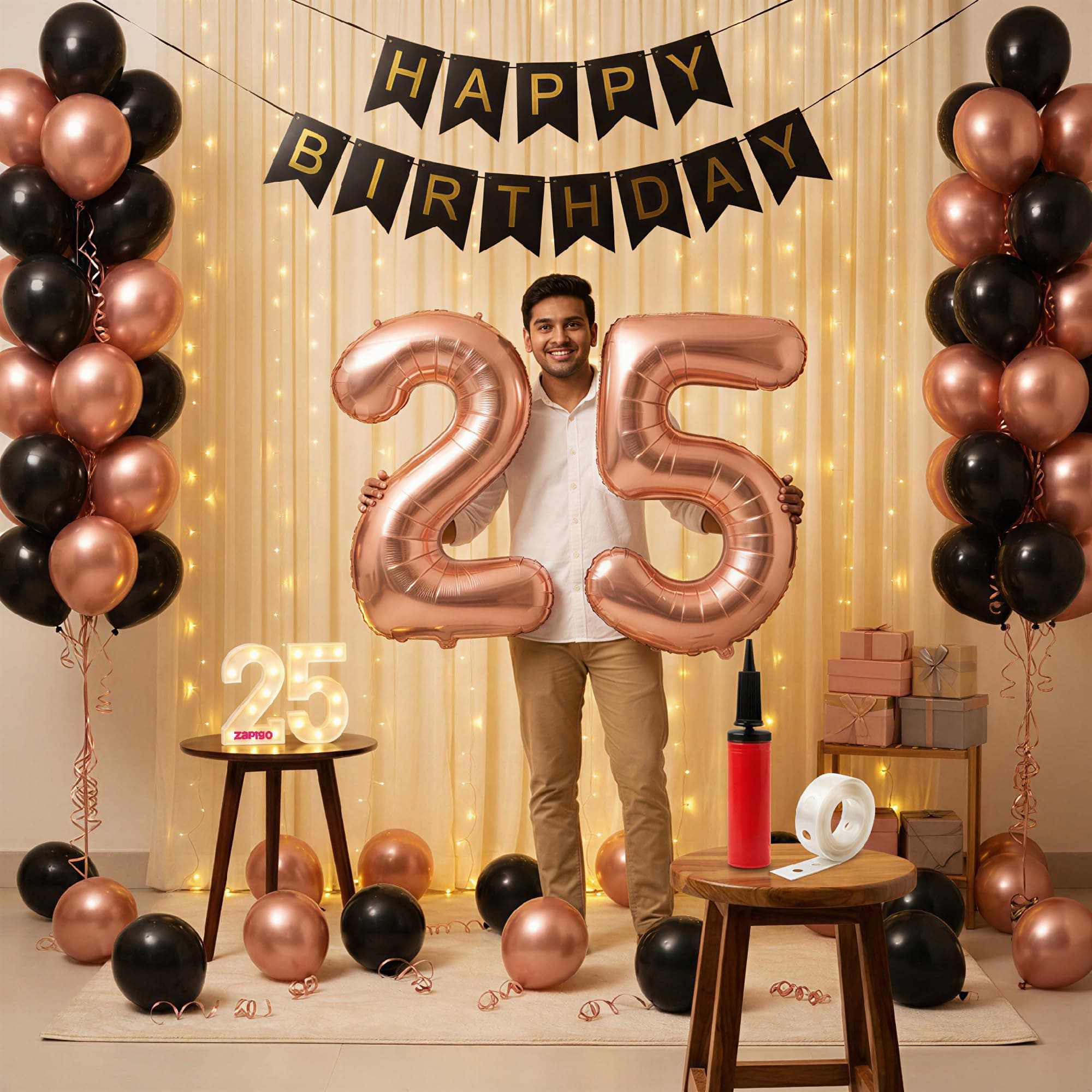 Balloonistics 25th Birthday Decoration Combo Kit - 40 Inch Rose Gold Foil Number Balloon, LED Marquee Light, 50 Rose Gold & Black Balloons, Happy Birthday Banner, Balloon Pump & Glue Dots thumbnail 1