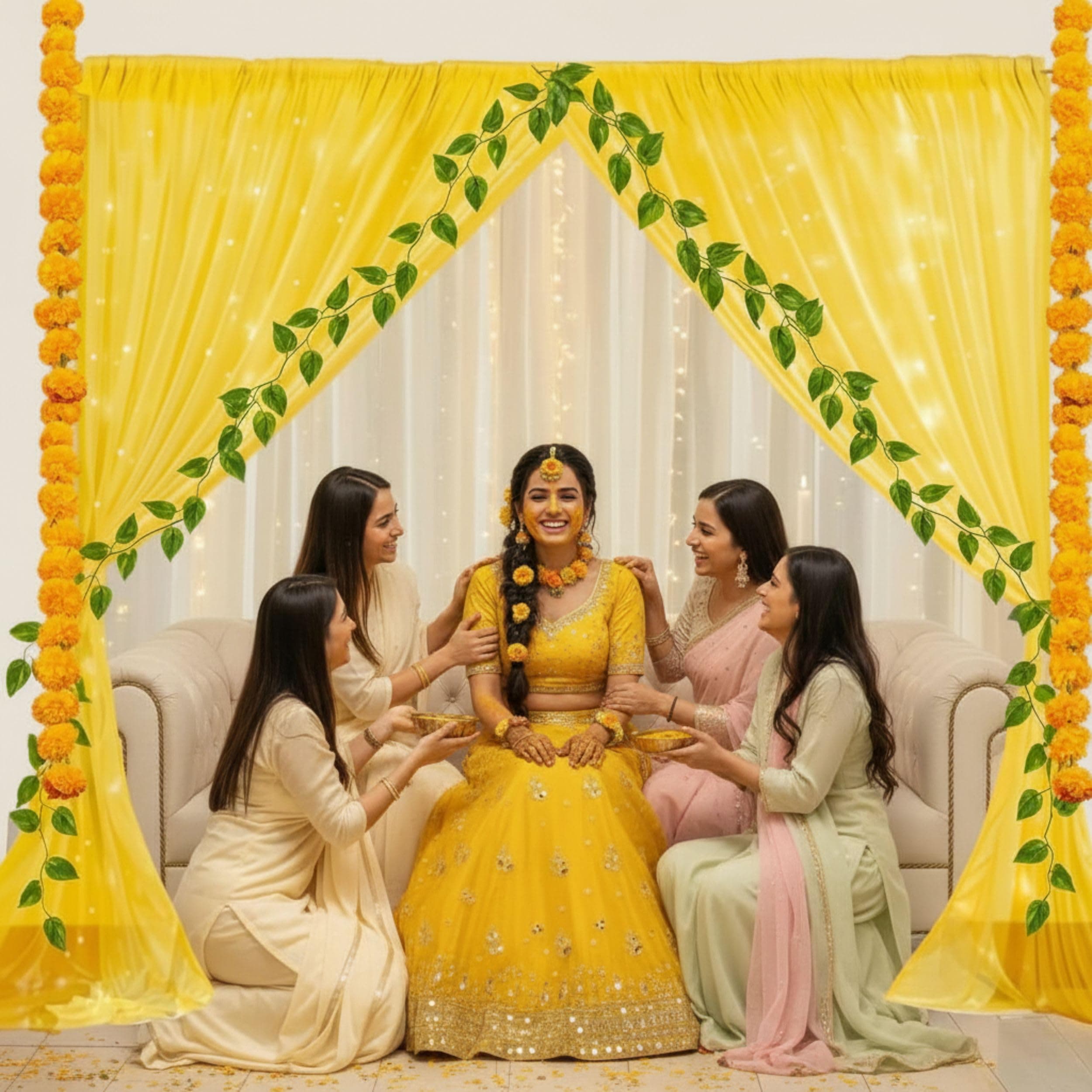 Balloonistics 11 Pcs Haldi & Pooja Decoration Kit – Traditional Yellow & White Backdrop Curtains with Marigold Garlands, Money Plant Vines & Hooks – DIY Home Celebration Set thumbnail 6
