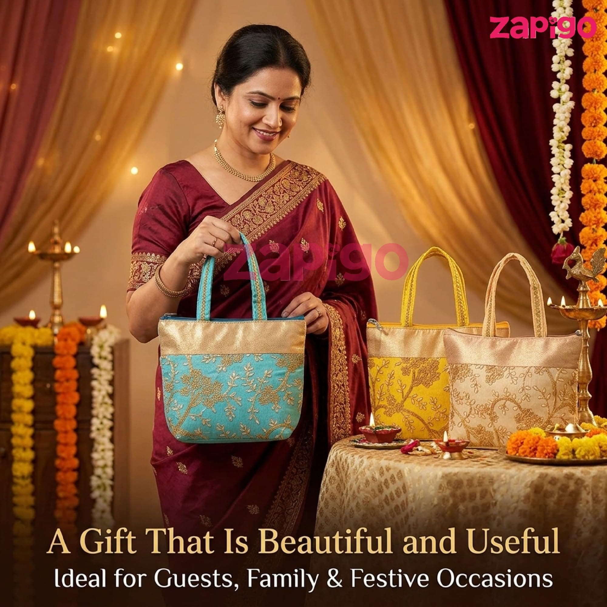 Habba Embroidery Design Hand Bag for Women, Compact Ethnic Festive Gift Bag with Padded Handles and Zip Closure, Ideal for Weddings, Mehendi, Haldi Kumkum, Return Gifts, Pack of 10 thumbnail 8