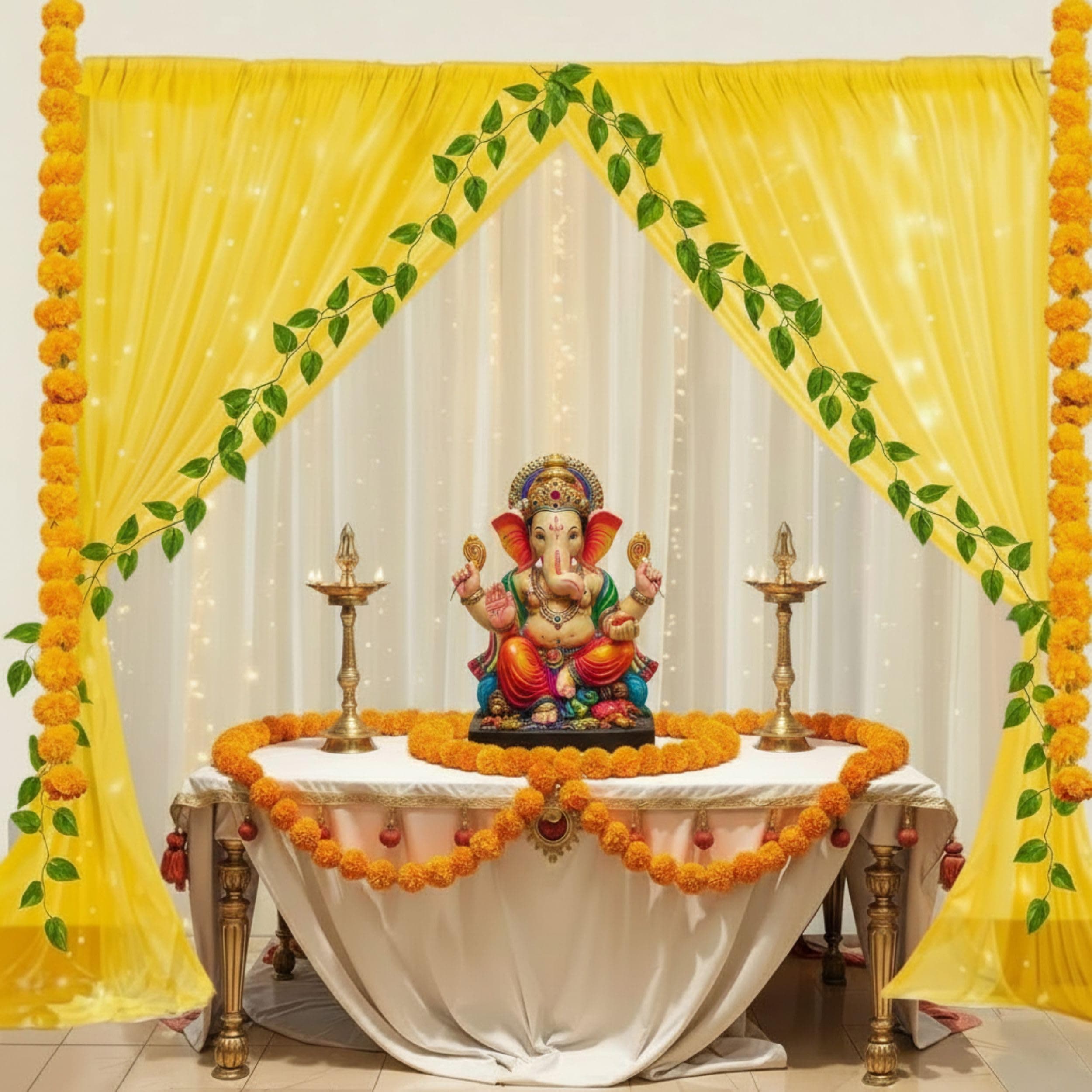 Balloonistics 11 Pcs Haldi & Pooja Decoration Kit – Traditional Yellow & White Backdrop Curtains with Marigold Garlands, Money Plant Vines & Hooks – DIY Home Celebration Set thumbnail 2