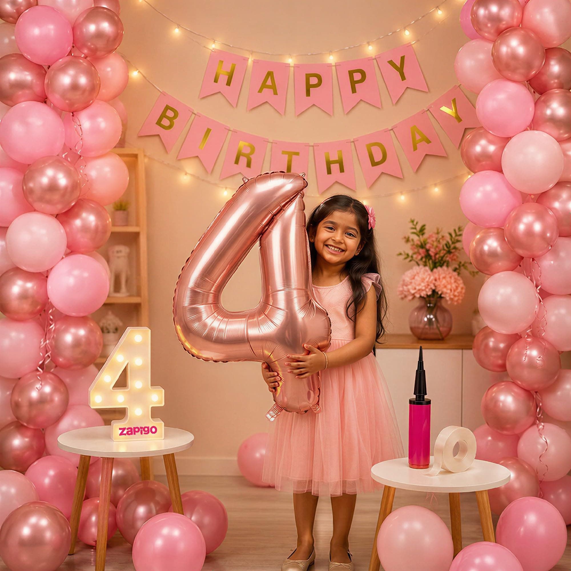 Balloonistics 4th Birthday Decoration Combo Kit - 40 Inch Rose Gold Foil Number Balloon, LED Marquee Light, 50 Rose Gold & Pink Balloons, Happy Birthday Banner, Balloon Pump & Glue Dots thumbnail 1