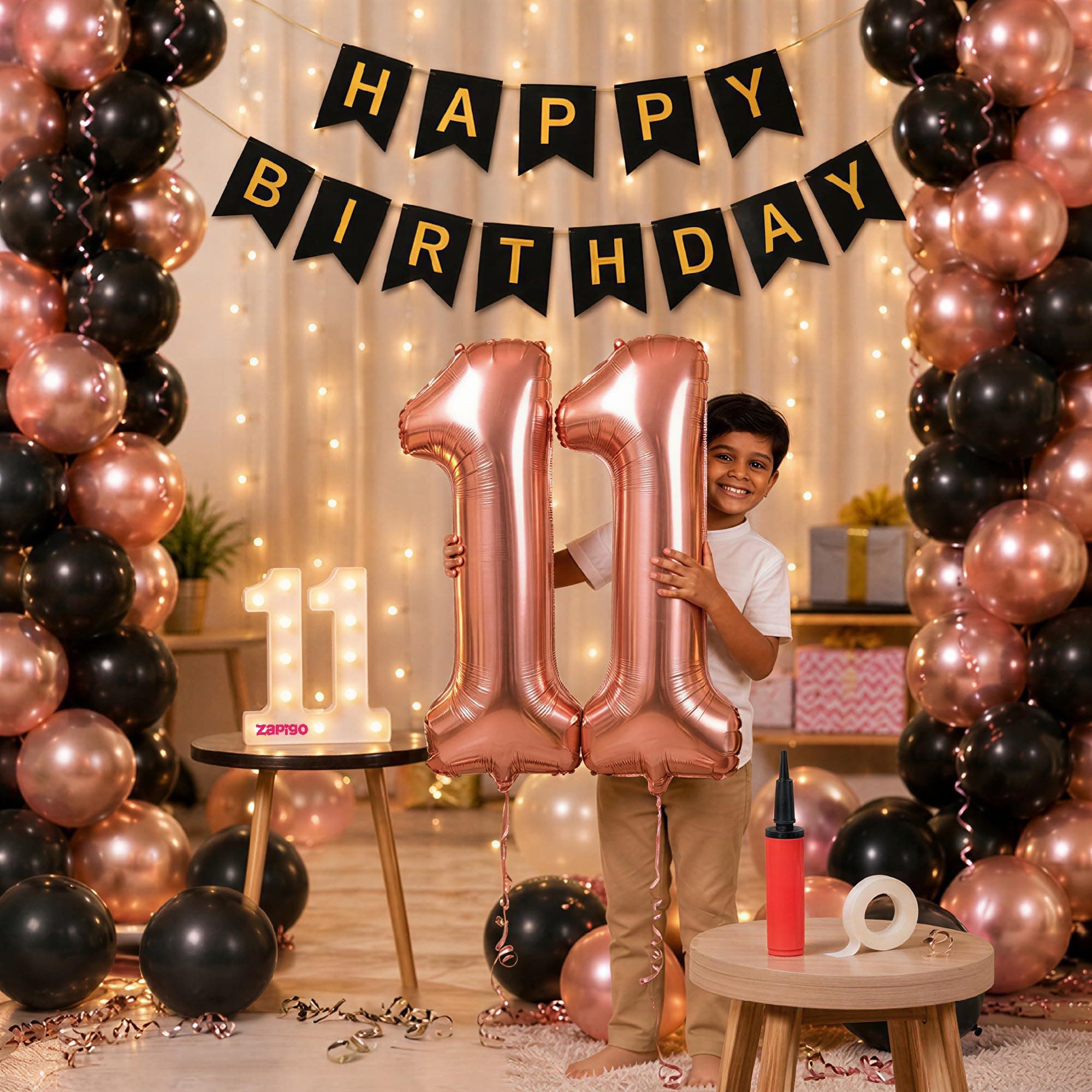 Balloonistics 11th Birthday Decoration Combo Kit - 40 Inch Rose Gold Foil Number Balloon, LED Marquee Light, 50 Rose Gold & Black Balloons, Happy Birthday Banner, Balloon Pump & Glue Dots thumbnail 1