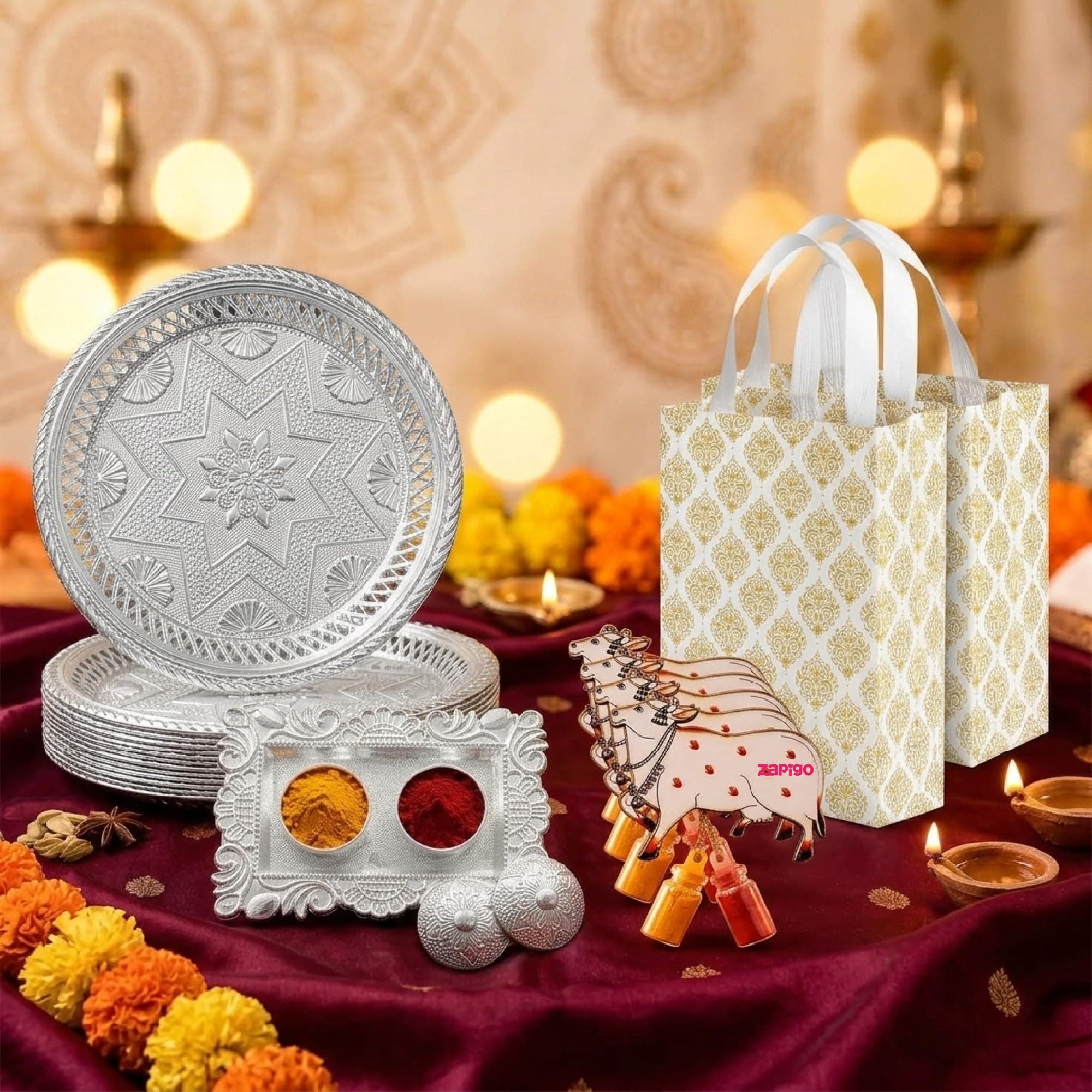 Habba Festive Return Gift Combo with Silver Plate, Cow Design Kumkum Set, Silver Kumkum Holder & Laminated Bag, Traditional Haldi Kumkum Gift for Diwali, Navratri, Wedding, Housewarming - Pack of 10 thumbnail 1