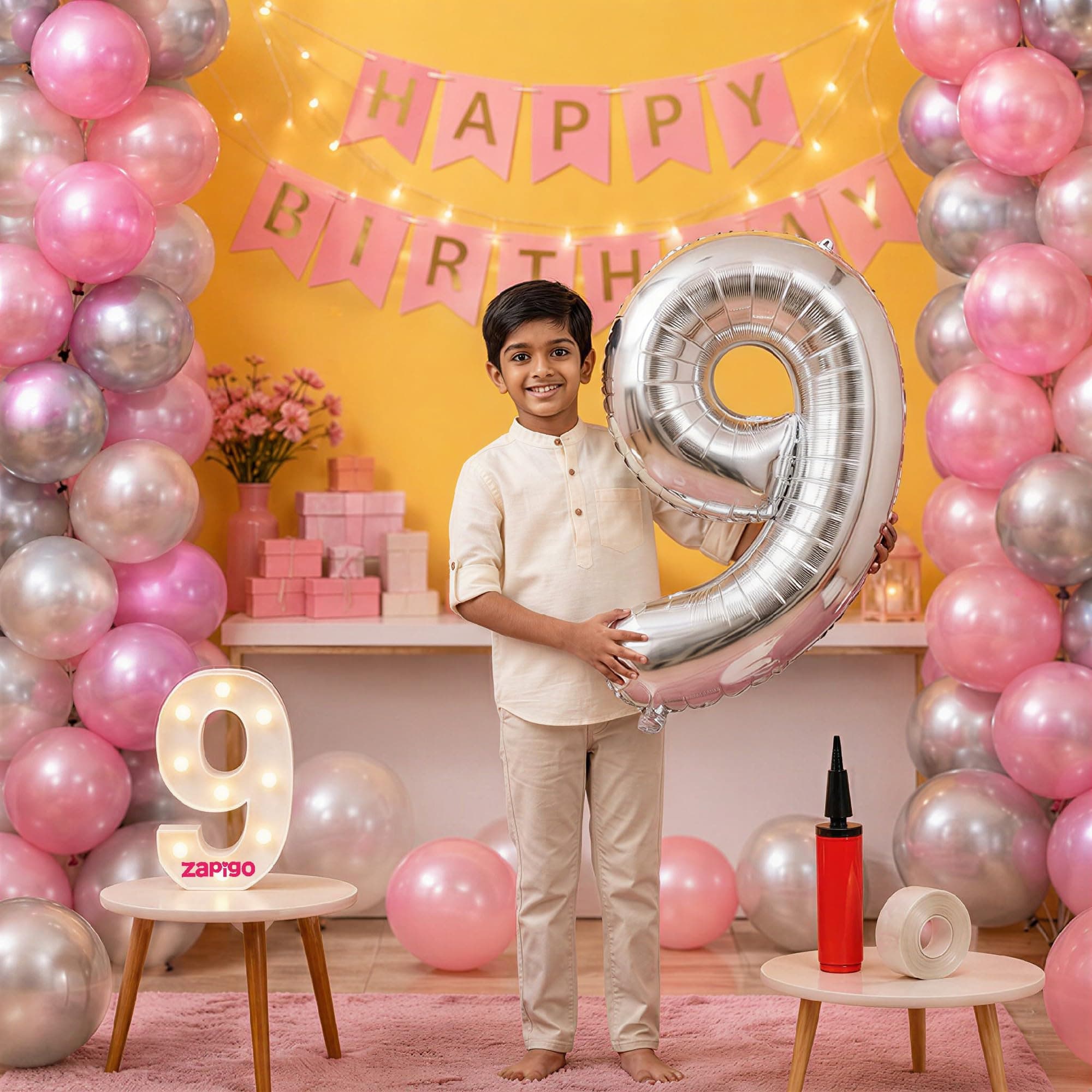 Balloonistics 9th Birthday Decoration Combo Kit - 40 Inch Silver Foil Number Balloon, LED Marquee Light, 50 Silver & Pink Balloons, Happy Birthday Banner, Balloon Pump & Glue Dots thumbnail 1