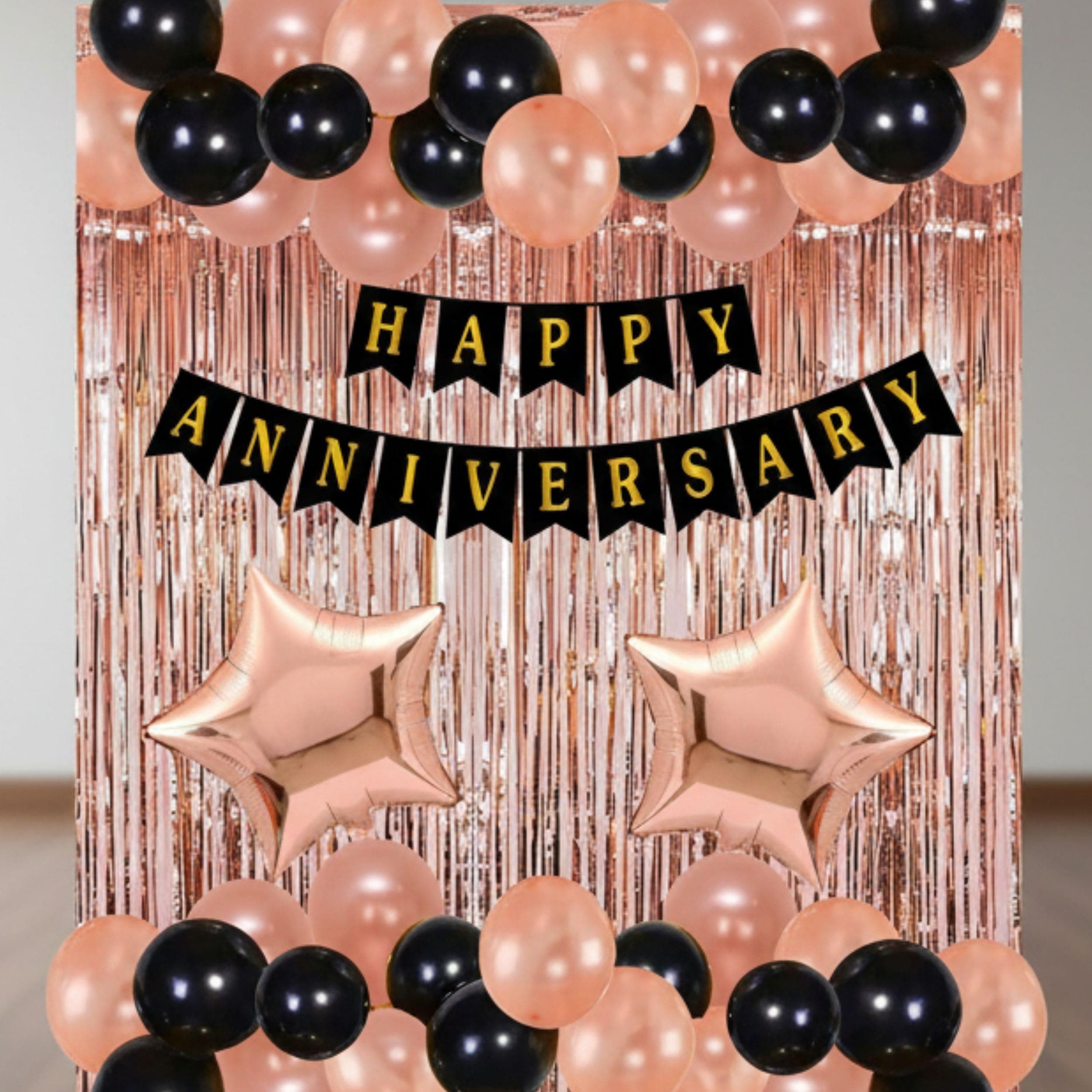 Balloonistics 34 Pcs Rose Gold & Black Happy Anniversary Decoration Kit – Rose Gold Banner, Foil Fringe Curtain, Star Foil Balloons & Metallic Balloons thumbnail 1