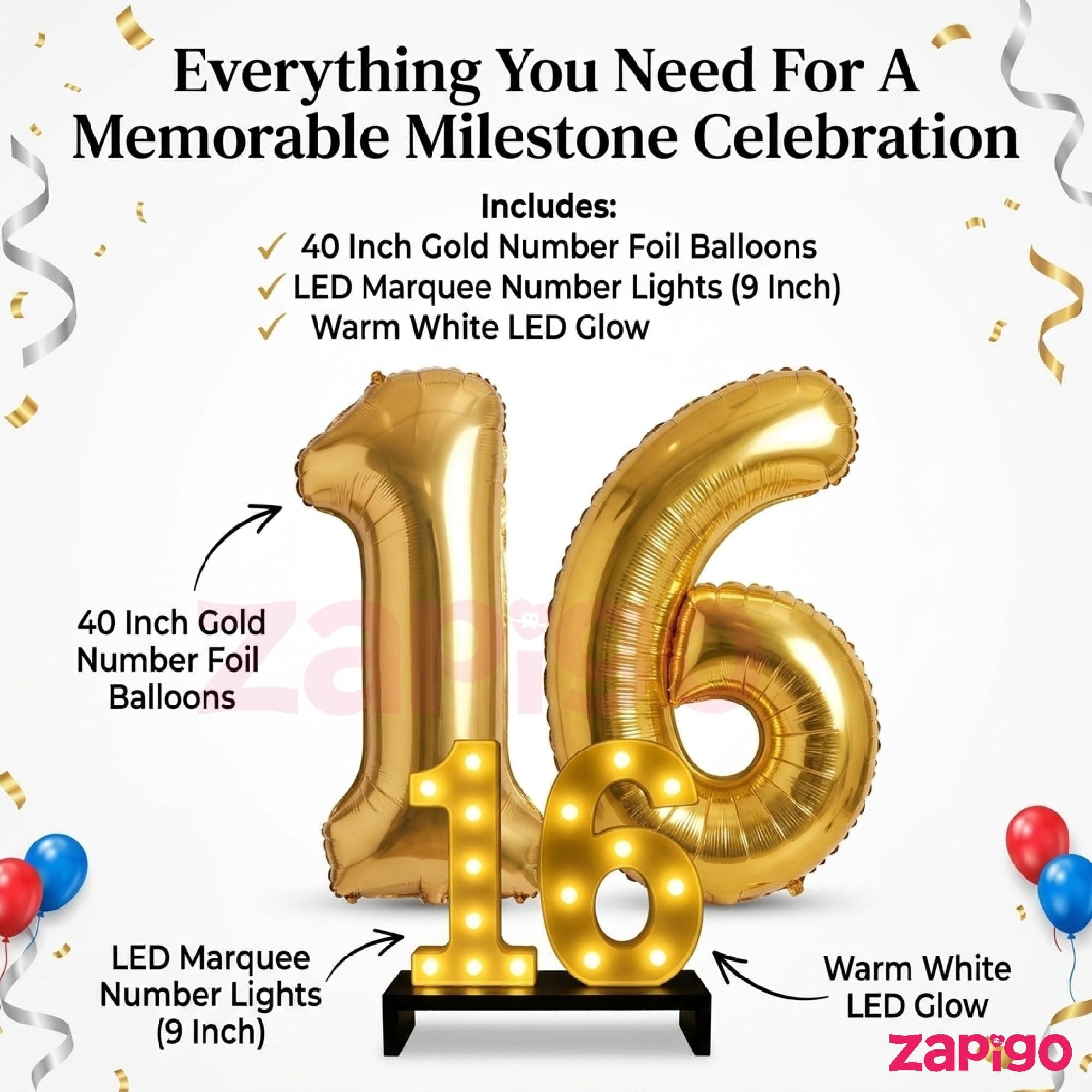 Balloonistics Gold 40-Inch Foil Number 14 Balloon with Matching LED Marquee Light - Combo Set for 14th Birthday, Anniversary, Party Decoration, Photo Booth Backdrop thumbnail 2