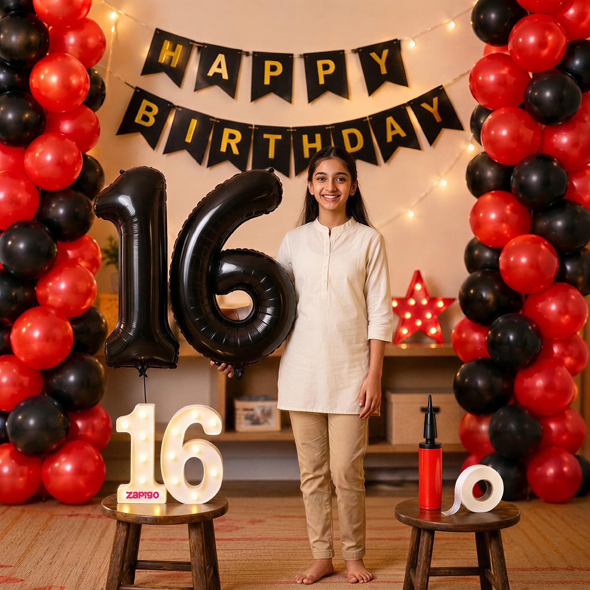 Balloonistics 16th Birthday Decoration Combo Kit - 40 Inch Black Foil Number Balloon, LED Marquee Light, 50 Black & Red Balloons, Happy Birthday Banner, Balloon Pump & Glue Dots thumbnail 1