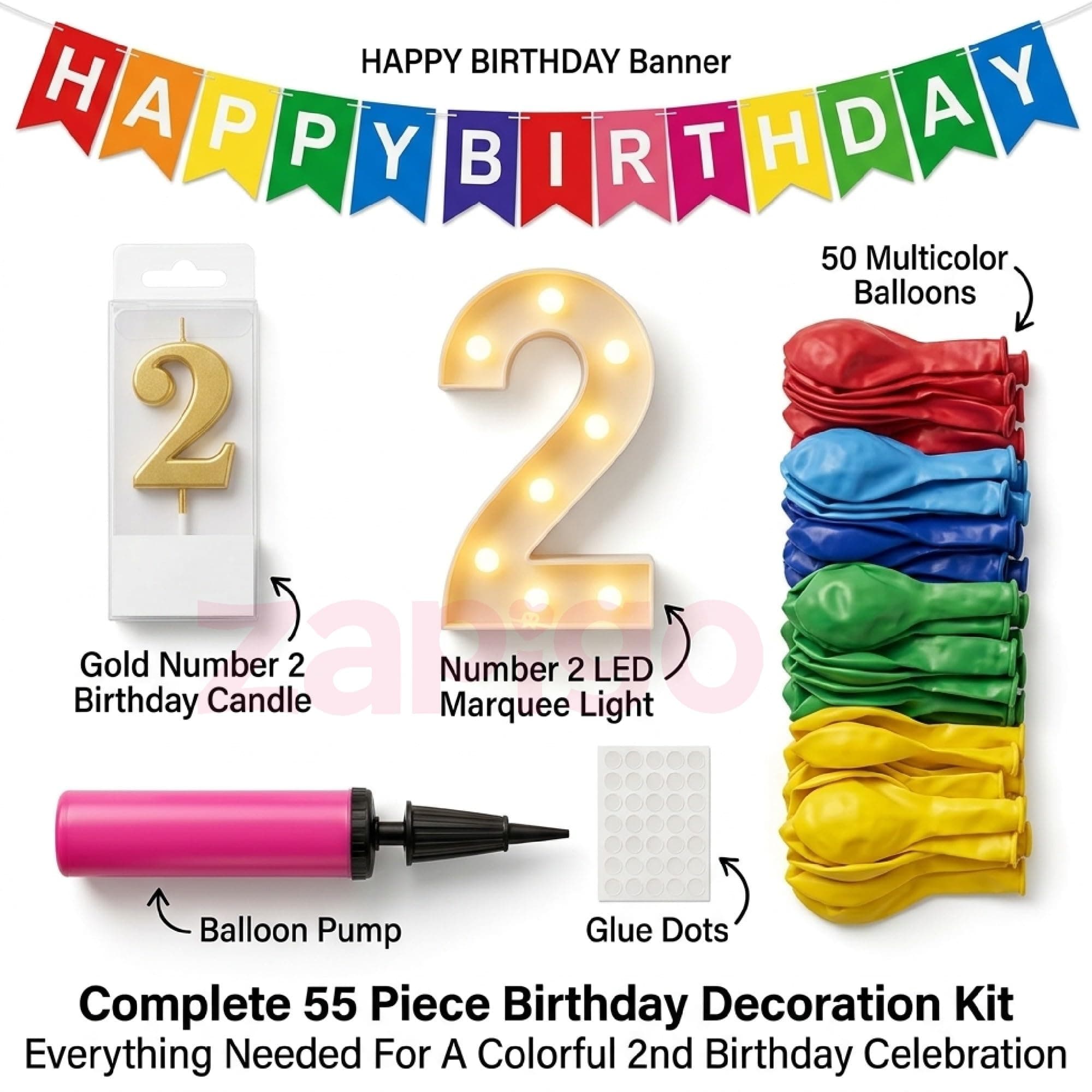 Balloonistics 55-Piece 2nd Birthday Decoration Kit – Number 2 Foil Balloon, Happy Birthday Banner, Latex Balloons, Arch Tools for Party Room Decor, Photo Booth Backdrop, Milestone Celebration thumbnail 6