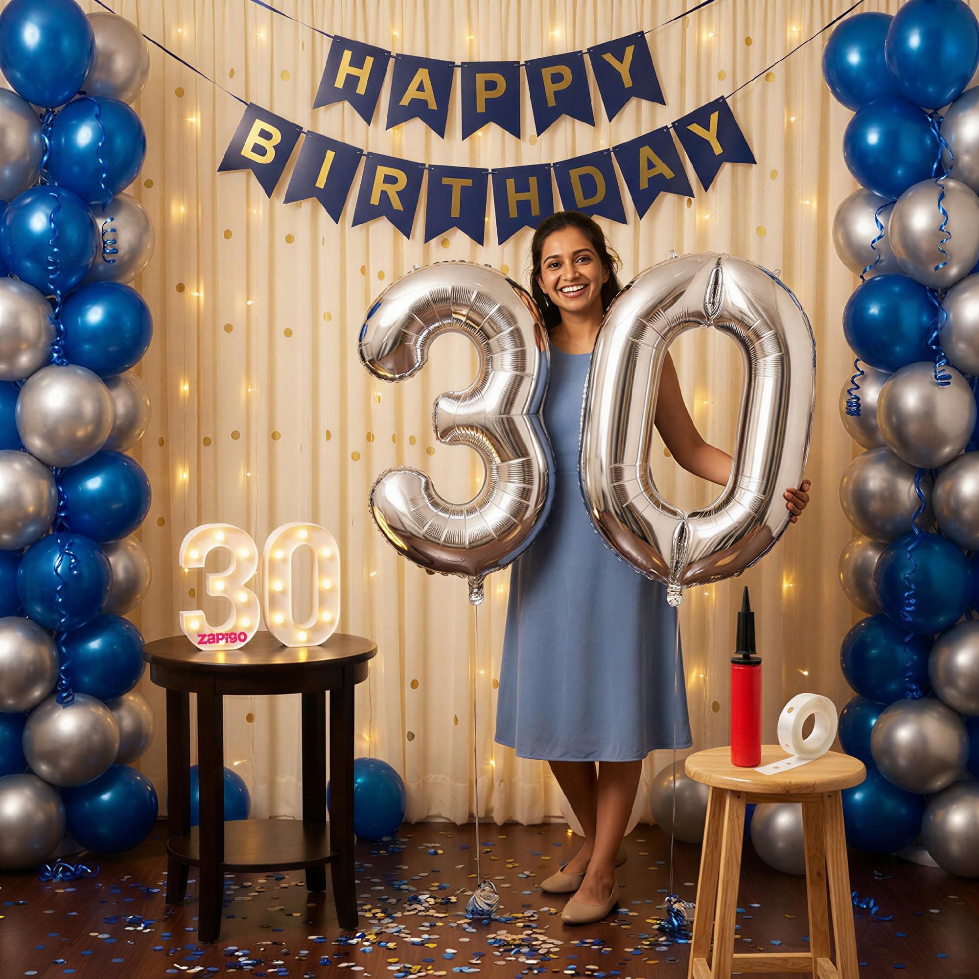 Balloonistics 30th Birthday Decoration Combo Kit - 40 Inch Silver Foil Number Balloon, LED Marquee Light, 50 Silver & Blue Balloons, Happy Birthday Banner, Balloon Pump & Glue Dots thumbnail 1