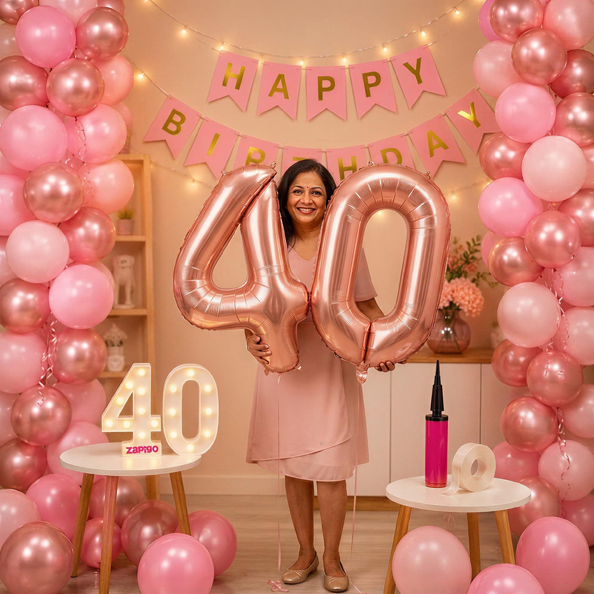 Balloonistics 40th Birthday Decoration Combo Kit - 40 Inch Rose Gold Foil Number Balloon, LED Marquee Light, 50 Rose Gold & Pink Balloons, Happy Birthday Banner, Balloon Pump & Glue Dots thumbnail 1