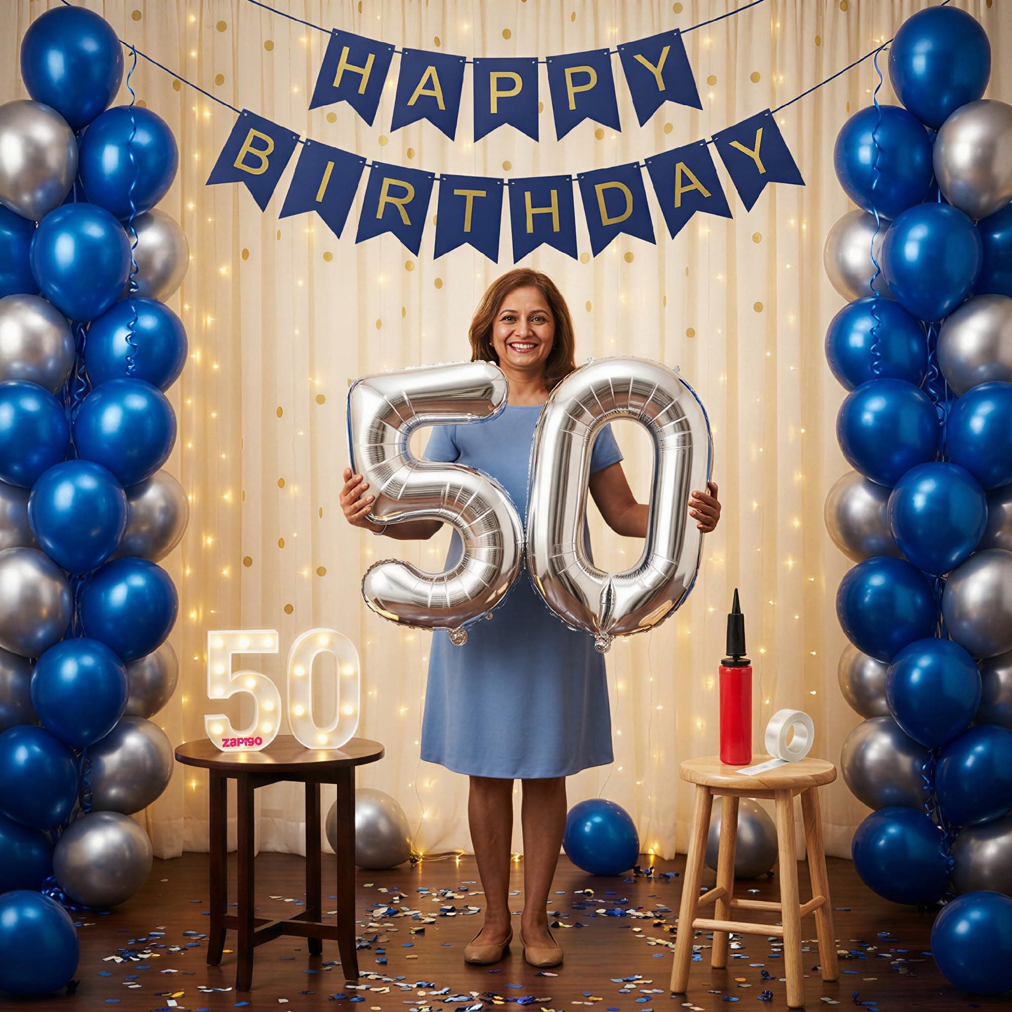 Balloonistics 50th Birthday Decoration Combo Kit - 40 Inch Silver Foil Number Balloon, LED Marquee Light, 50 Silver & Blue Balloons, Happy Birthday Banner, Balloon Pump & Glue Dots thumbnail 1