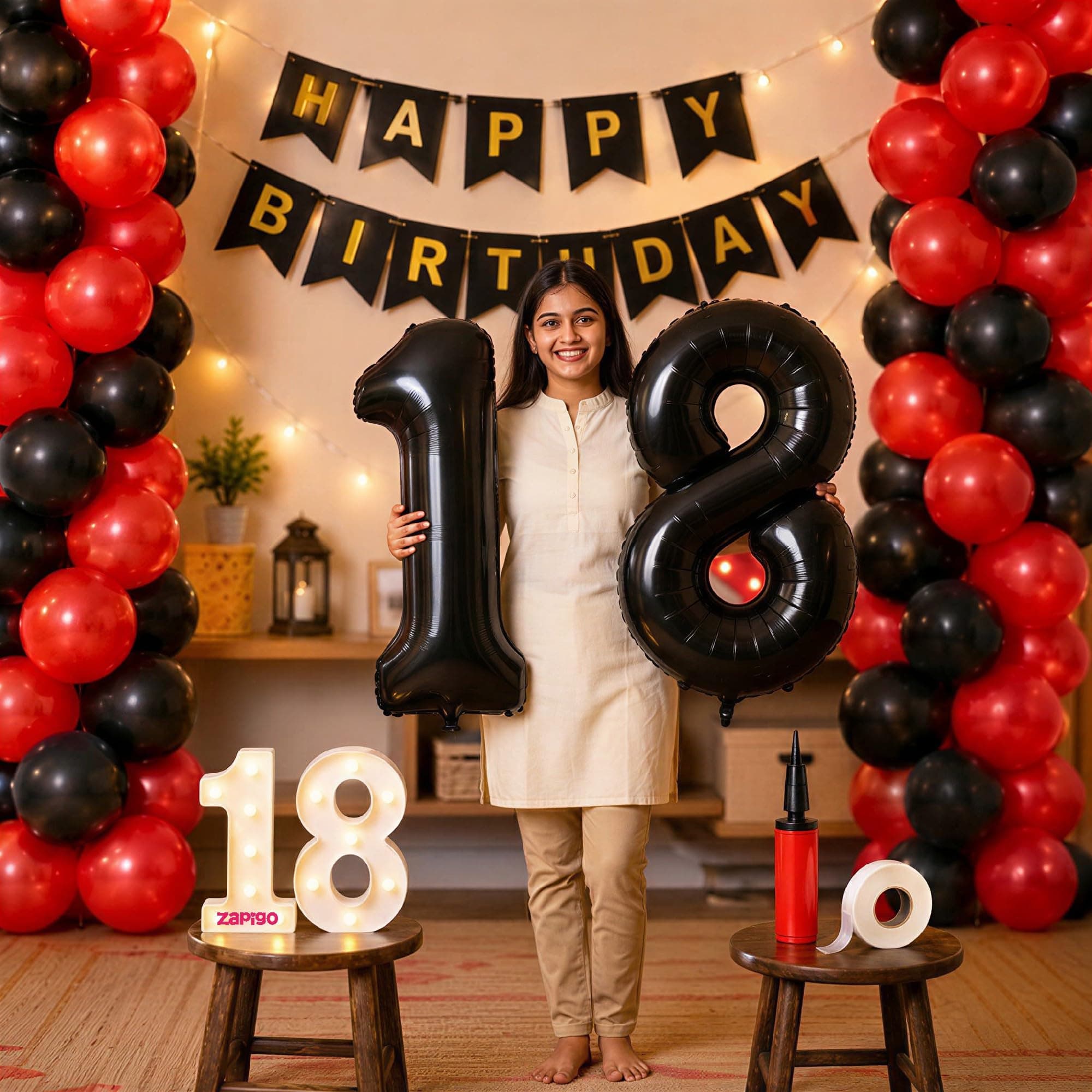 Balloonistics 18th Birthday Decoration Combo Kit - 40 Inch Black Foil Number Balloon, LED Marquee Light, 50 Black & Red Balloons, Happy Birthday Banner, Balloon Pump & Glue Dots thumbnail 1
