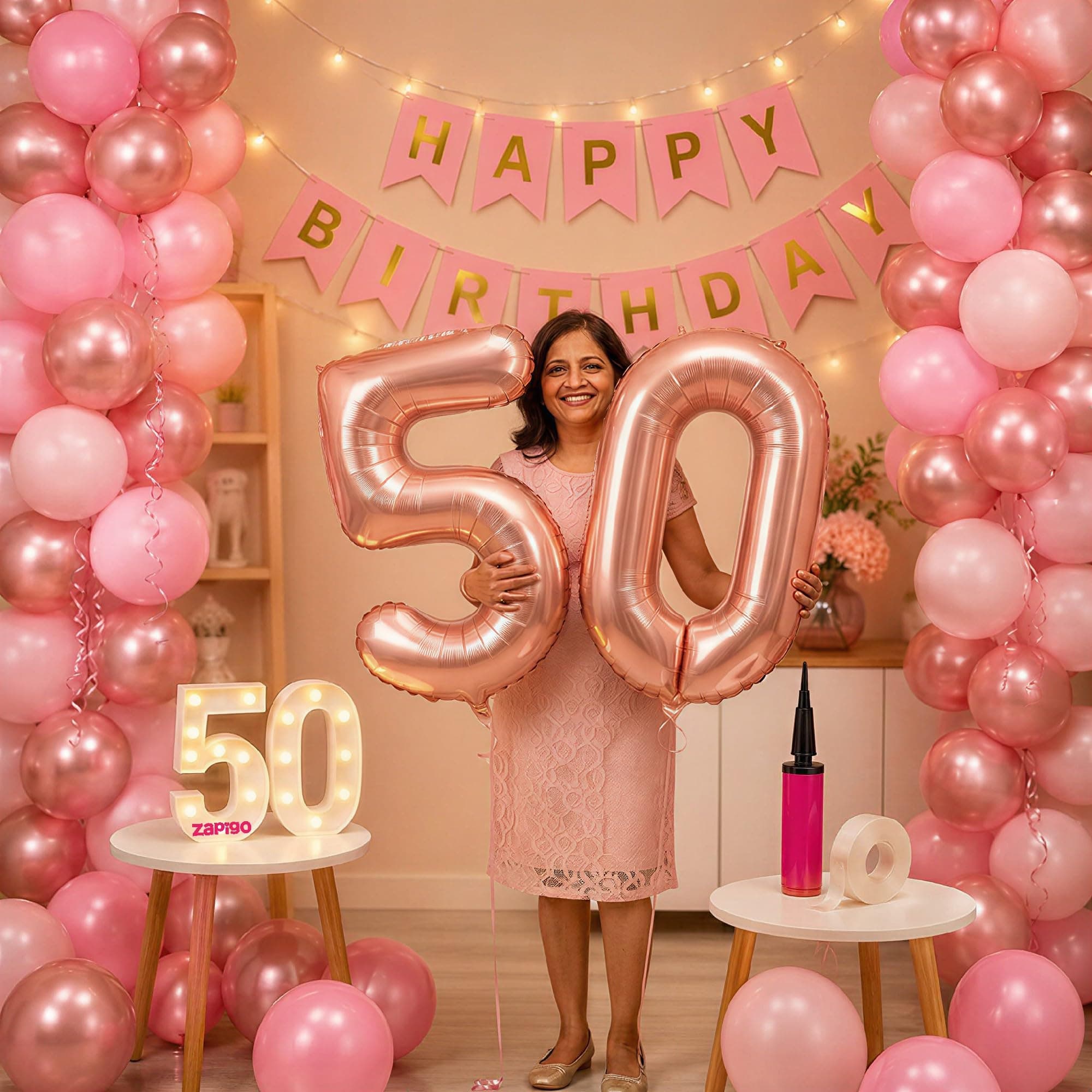 Balloonistics 50th Birthday Decoration Combo Kit - 40 Inch Rose Gold Foil Number Balloon, LED Marquee Light, 50 Rose Gold & Pink Balloons, Happy Birthday Banner, Balloon Pump & Glue Dots thumbnail 1