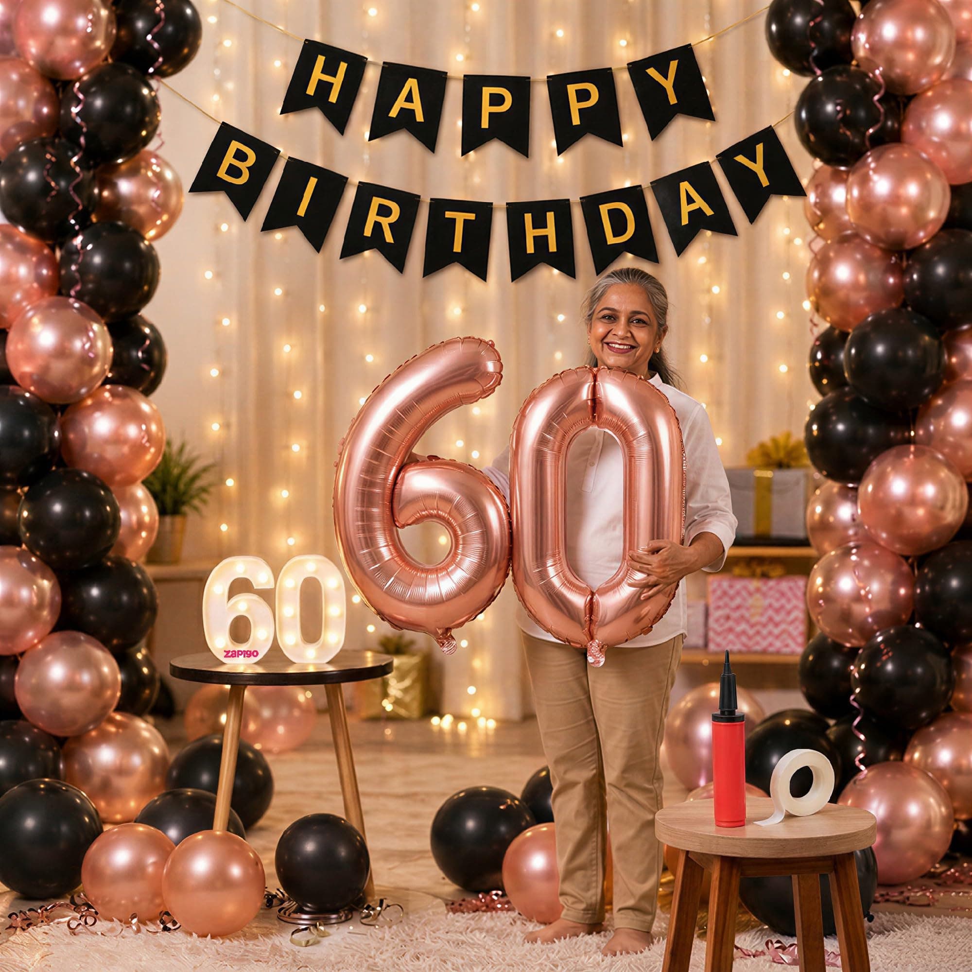 Balloonistics 60th Birthday Decoration Combo Kit - 40 Inch Rose Gold Foil Number Balloon, LED Marquee Light, 50 Rose Gold & Black Balloons, Happy Birthday Banner, Balloon Pump & Glue Dots thumbnail 1
