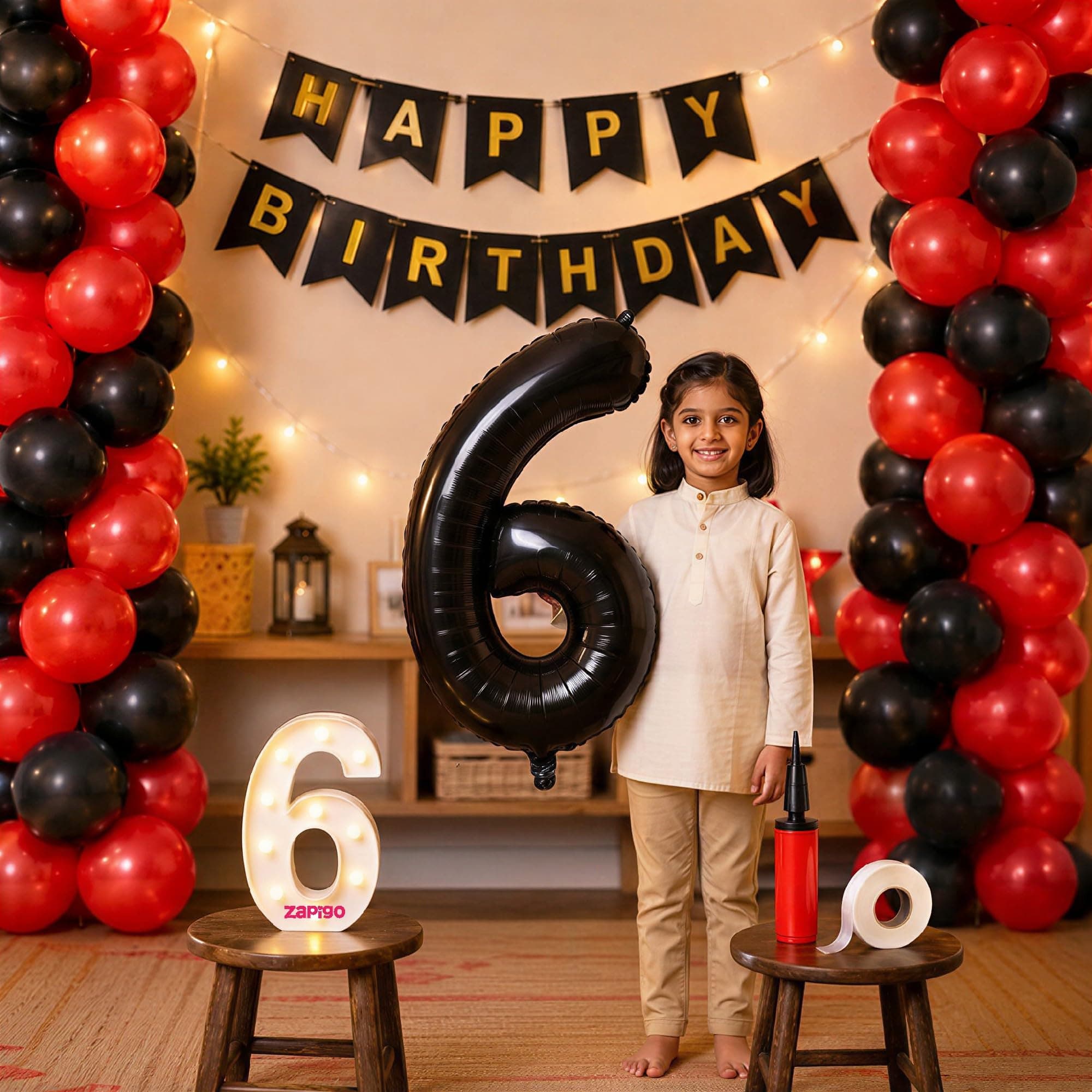 Balloonistics 6th Birthday Decoration Combo Kit - 40 Inch Black Foil Number Balloon, LED Marquee Light, 50 Black & Red Balloons, Happy Birthday Banner, Balloon Pump & Glue Dots thumbnail 1