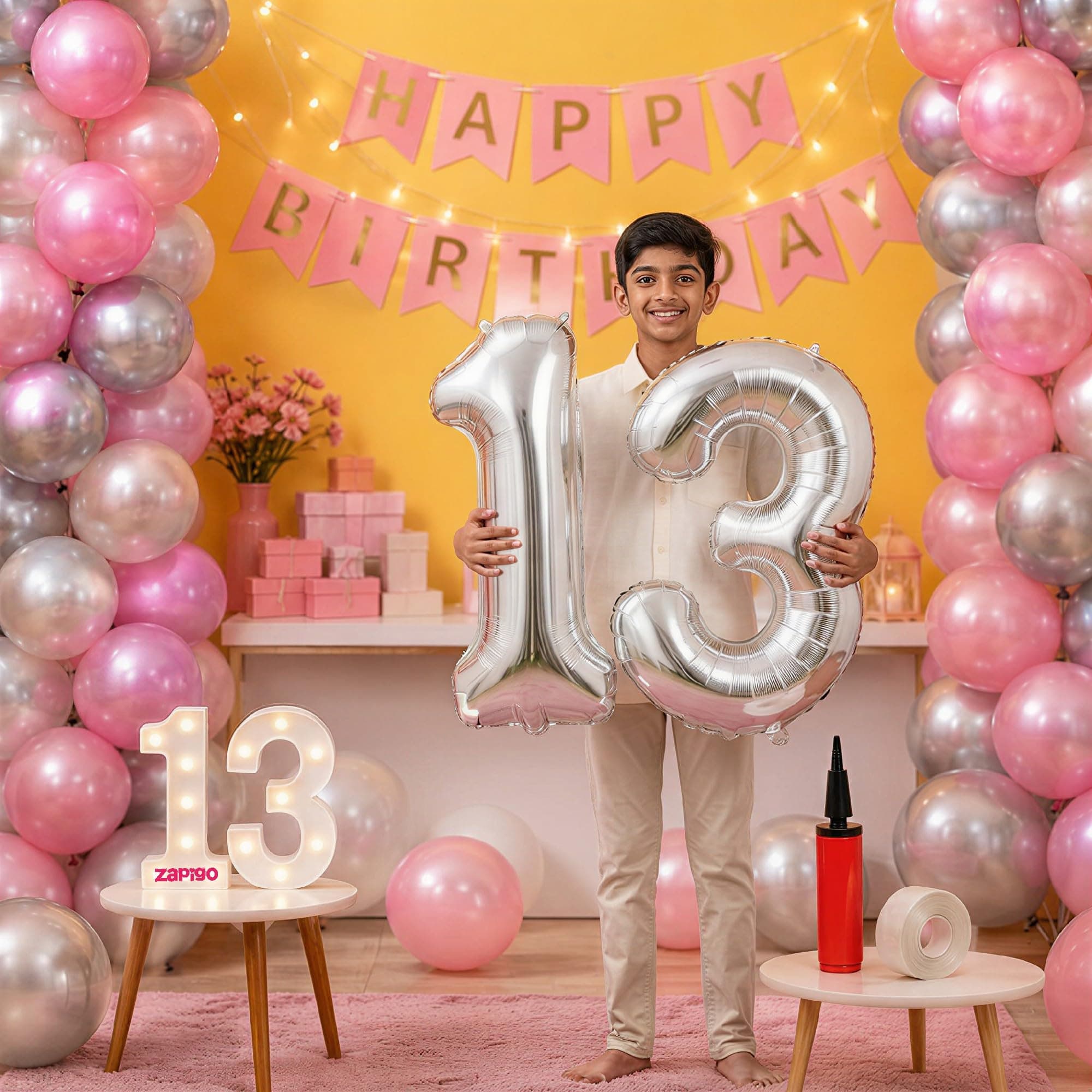 Balloonistics 13th Birthday Decoration Combo Kit - 40 Inch Silver Foil Number Balloon, LED Marquee Light, 50 Silver & Pink Balloons, Happy Birthday Banner, Balloon Pump & Glue Dots thumbnail 1
