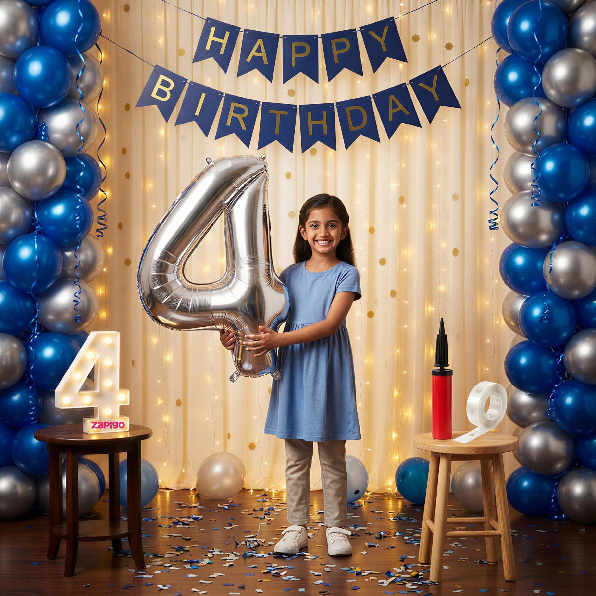 Balloonistics 4th Birthday Decoration Combo Kit - 40 Inch Silver Foil Number Balloon, LED Marquee Light, 50 Silver & Blue Balloons, Happy Birthday Banner, Balloon Pump & Glue Dots thumbnail 1