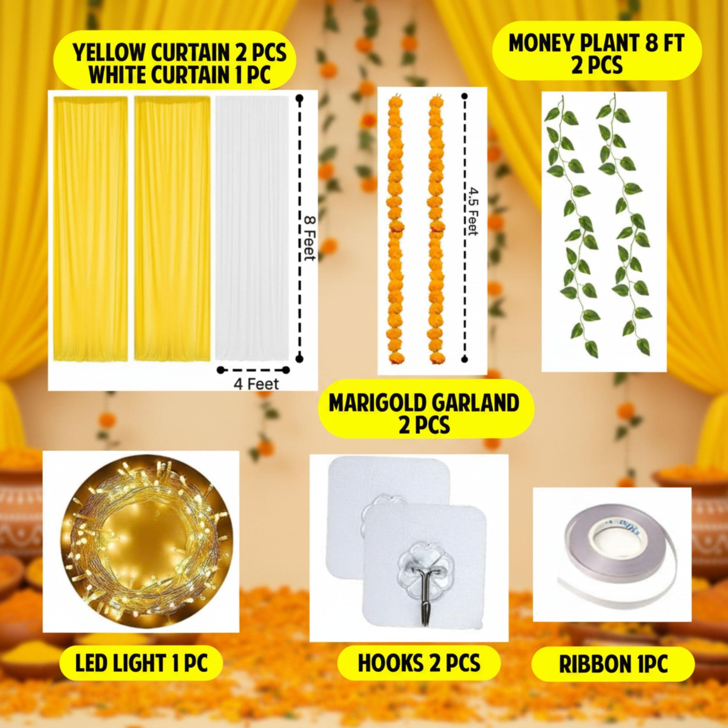 Balloonistics 11 Pcs Haldi & Pooja Decoration Kit – Traditional Yellow & White Backdrop Curtains with Marigold Garlands, Money Plant Vines & Hooks – DIY Home Celebration Set thumbnail 3