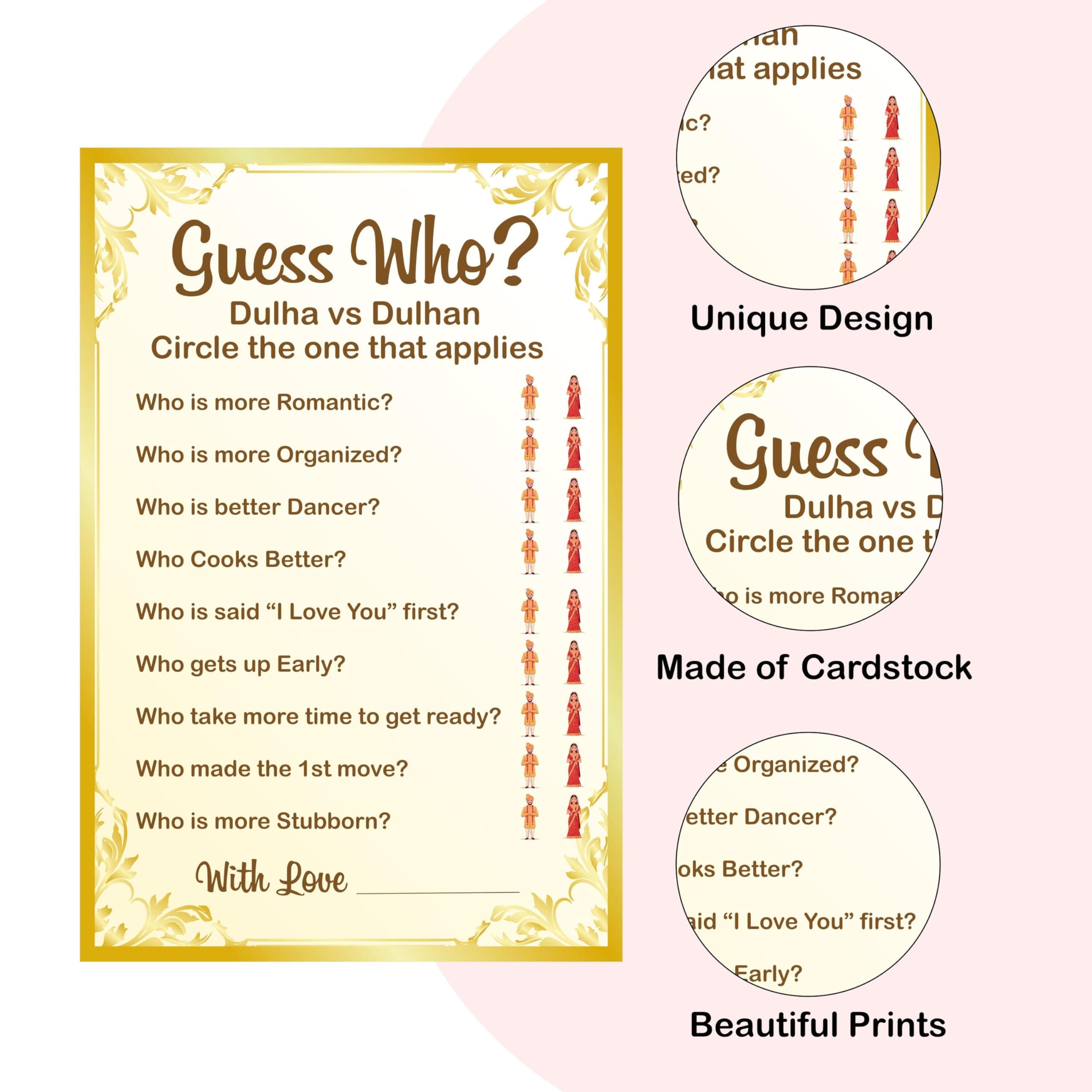 Balloonistics Guess Who Dulha vs Dulhan Game Cards – Pack of 10 – Fun Interactive Wedding Guest Activity for Mehndi, Sangeet, Haldi & Bridal Showers – Premium Cardstock thumbnail 3